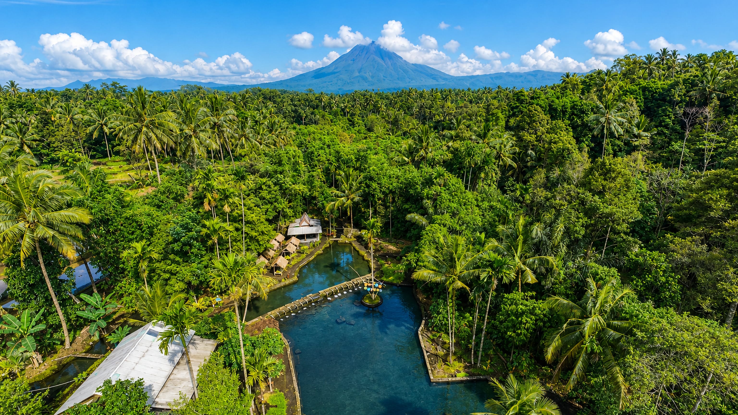 Spring-fed bathing pool amid coconut palms with a volcano cone beyond, near Banyuwangi, East Java.