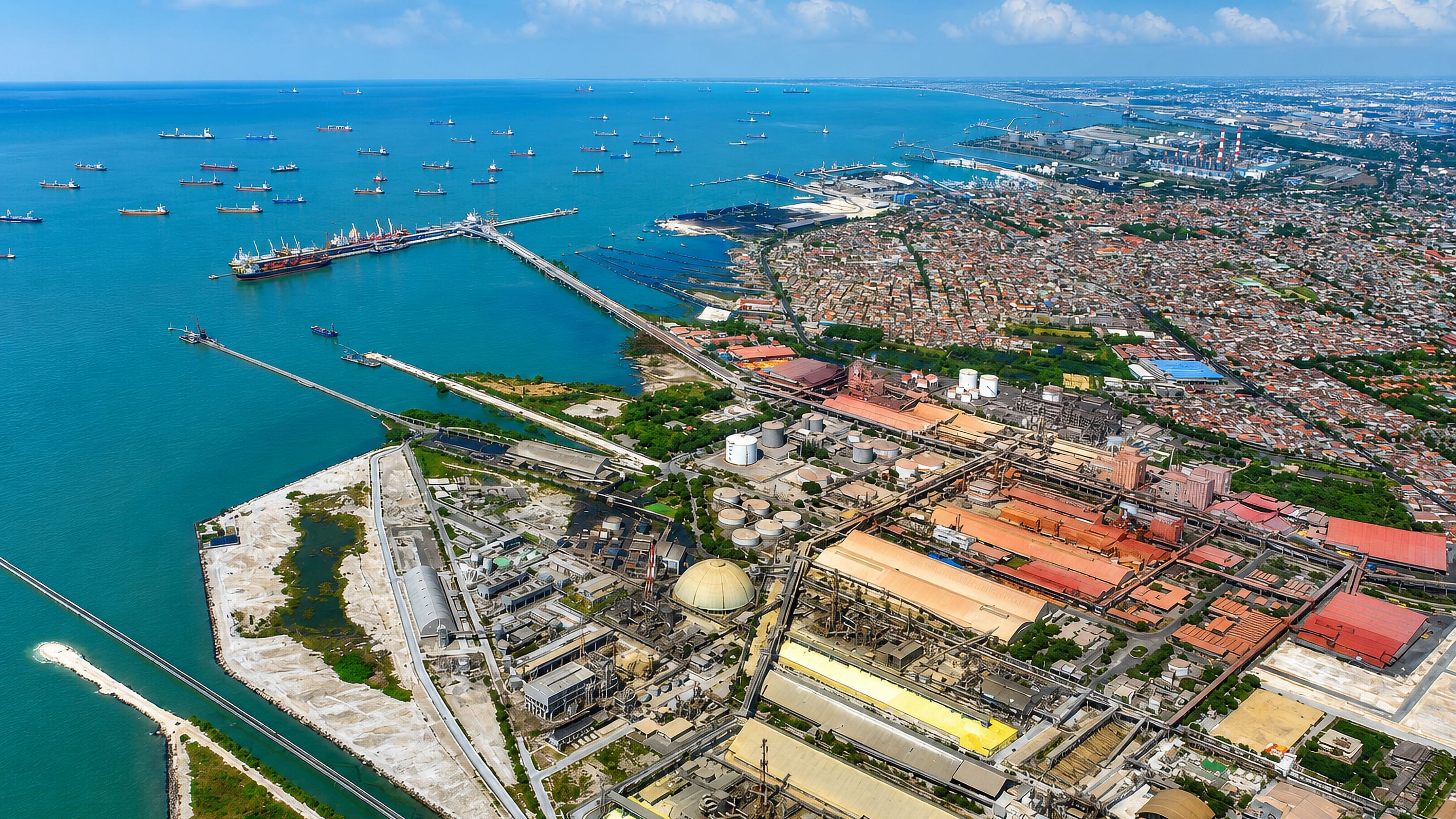 Aerial of Gresik, Indonesia, with its petrochemical works, port jetties and cargo ships on the Java Sea.