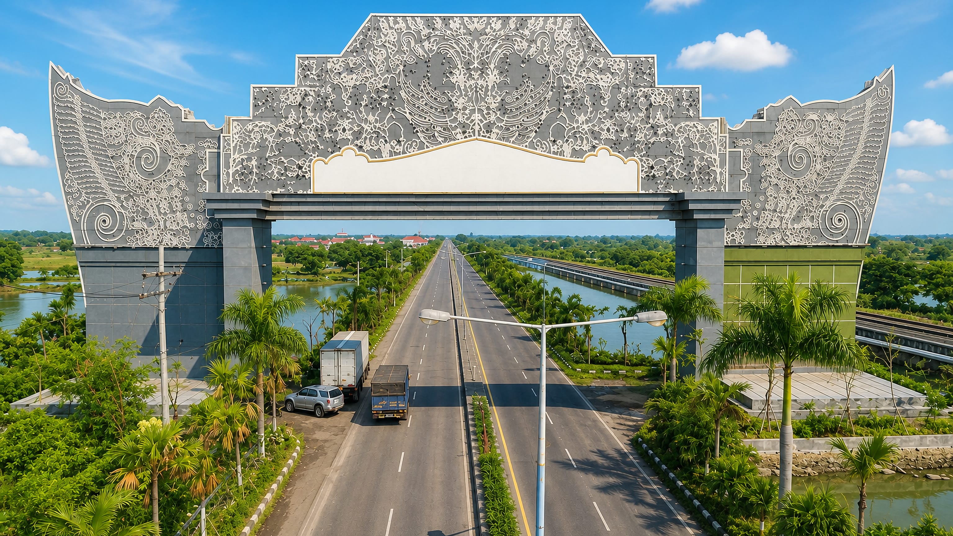 Ornate white welcome arch spanning the divided highway into Lamongan, East Java, flanked by palms and ponds.