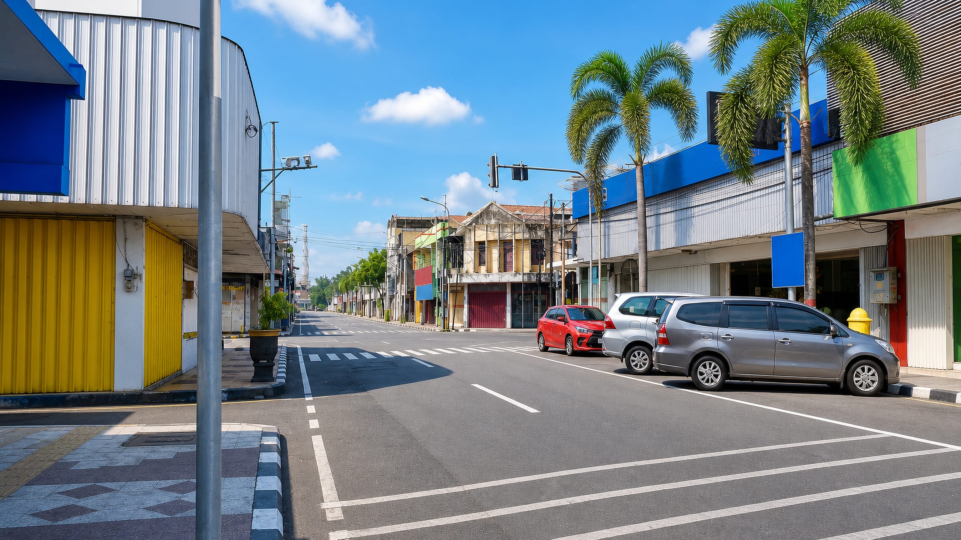 Quiet shophouse street with palms and an old colonial-era building in Mojokerto, East Java, Indonesia