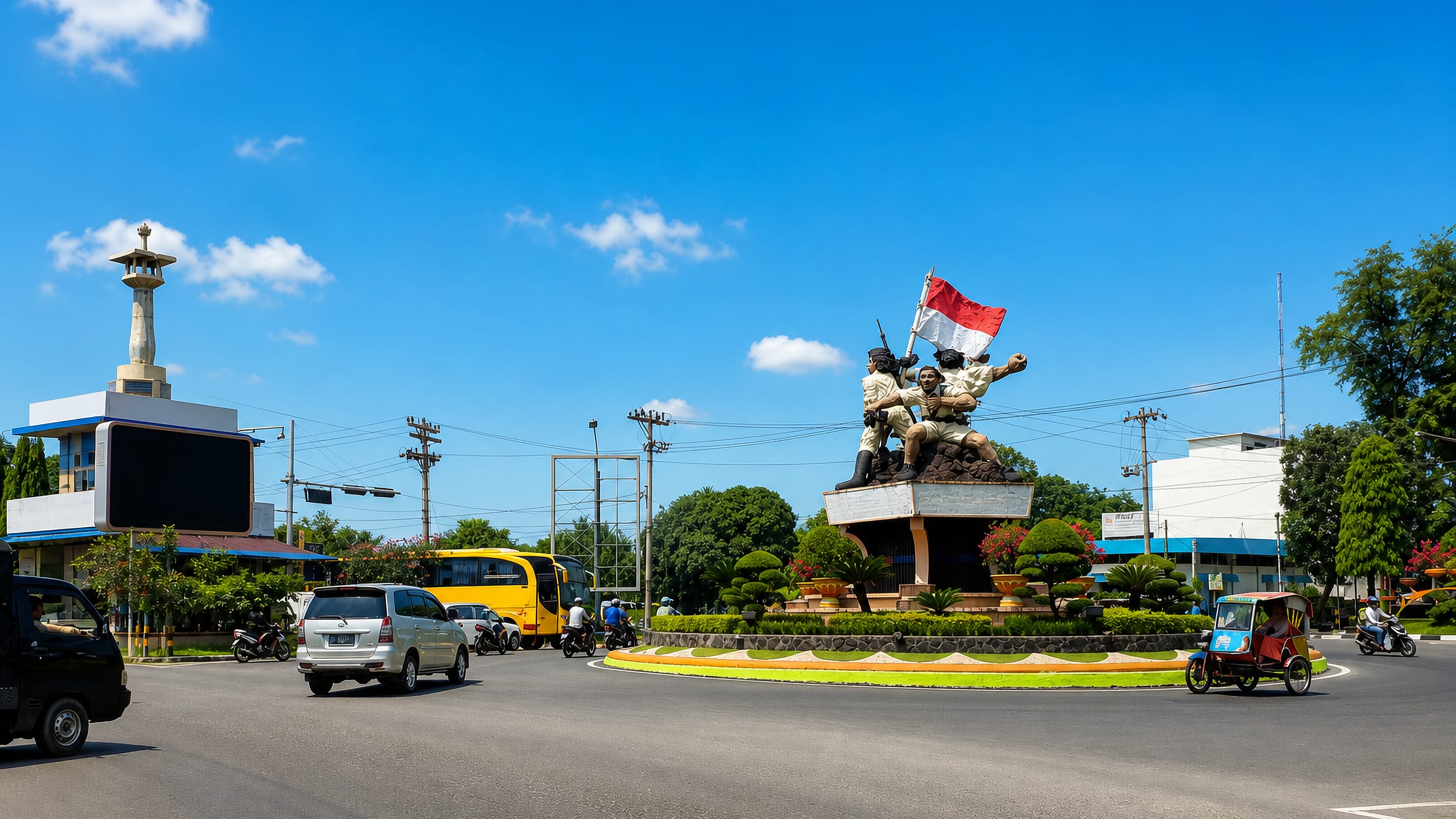 Bronze independence monument on a roundabout in Binjai, North Sumatra, Indonesia, with traffic and becak.