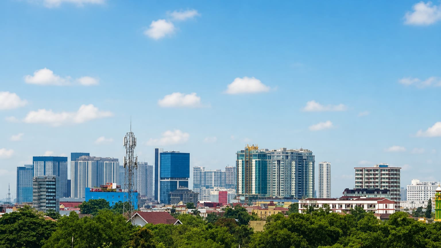 Medan skyline of high-rise towers rising behind a belt of green tropical trees under a bright blue sky
