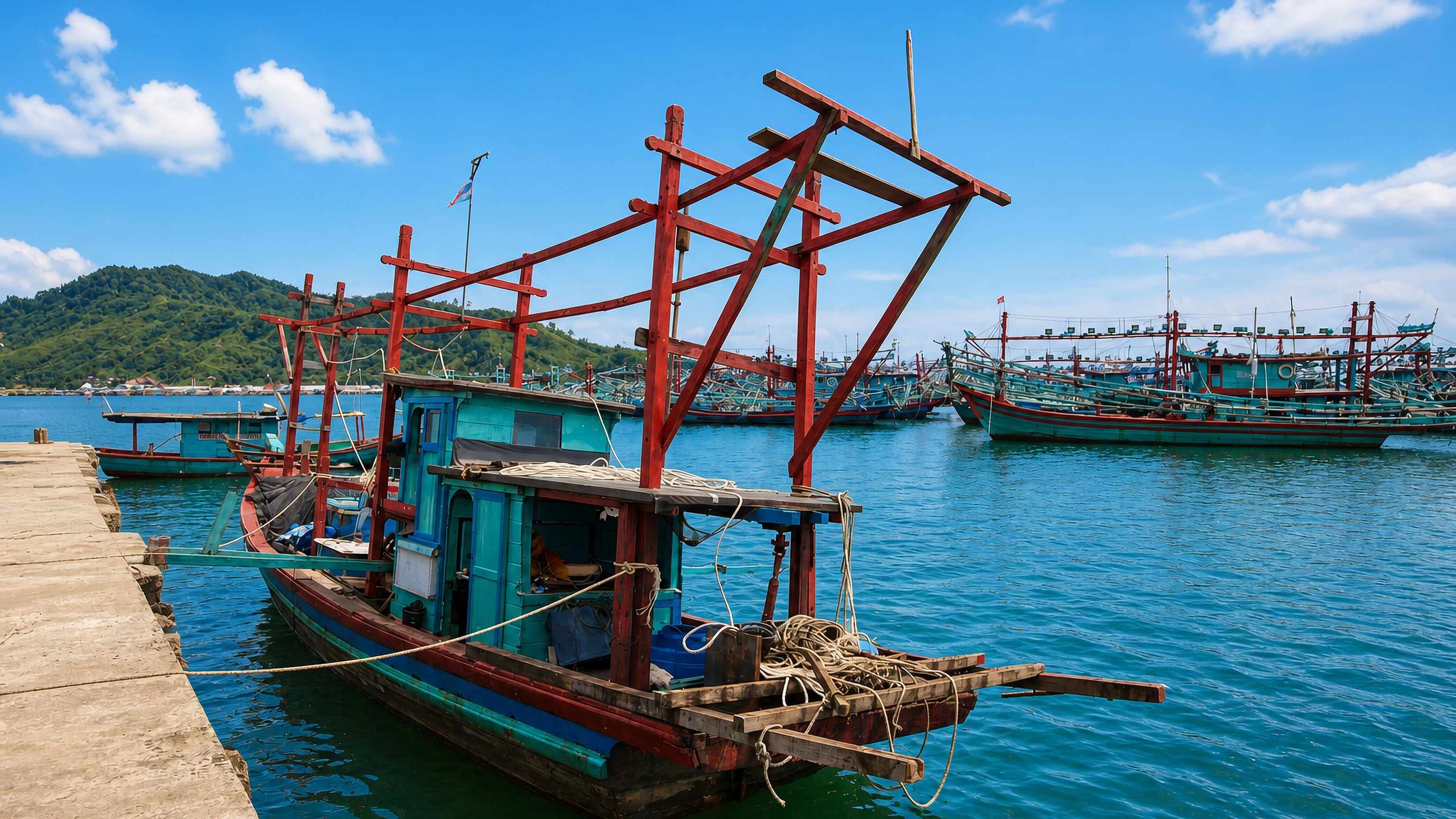 Wooden fishing boats moored at the harbour in Sibolga, Indonesia, with green hills across the bay.