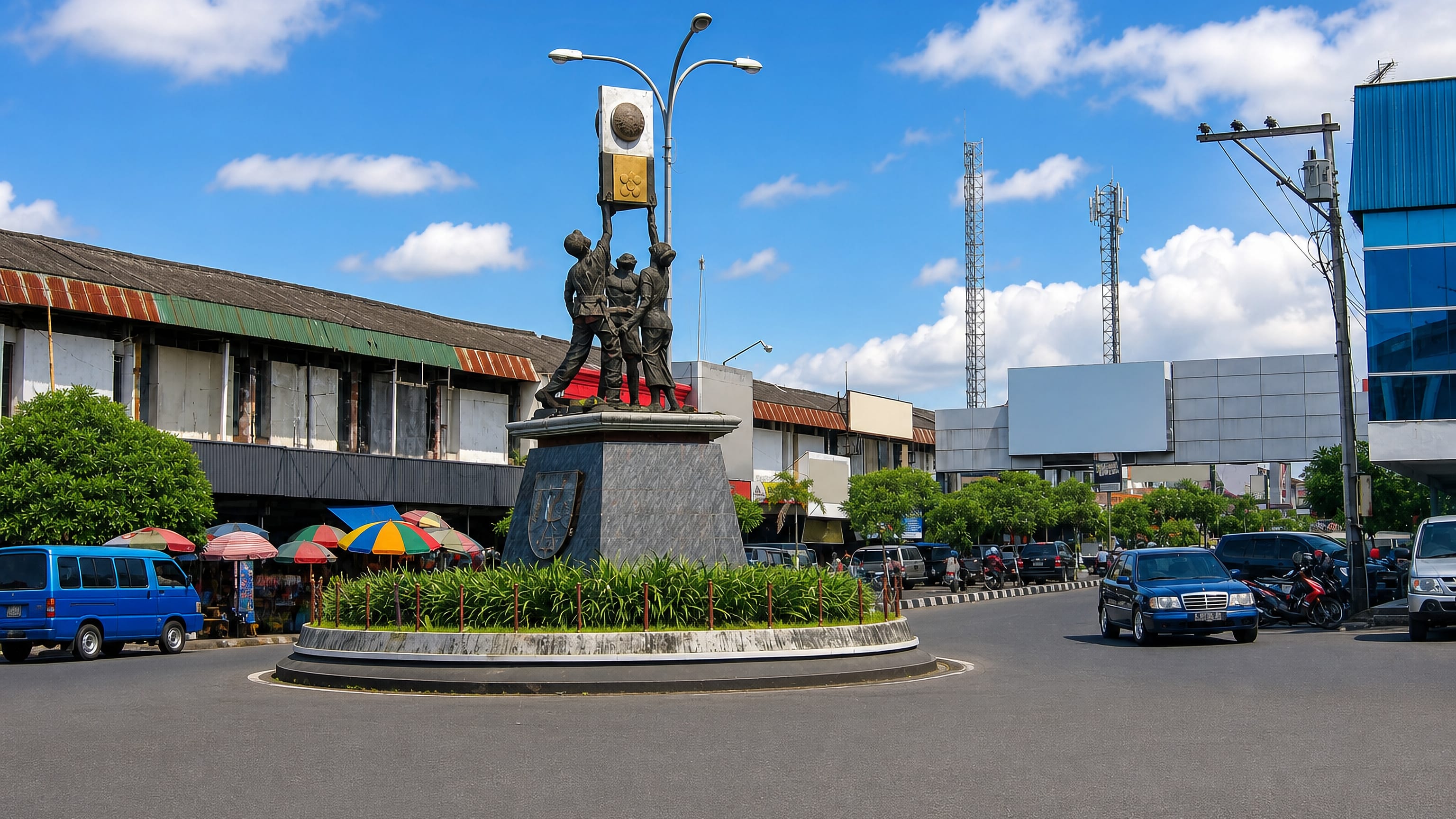 Monument roundabout in central Magelang, Indonesia, ringed by shophouses and market umbrellas.