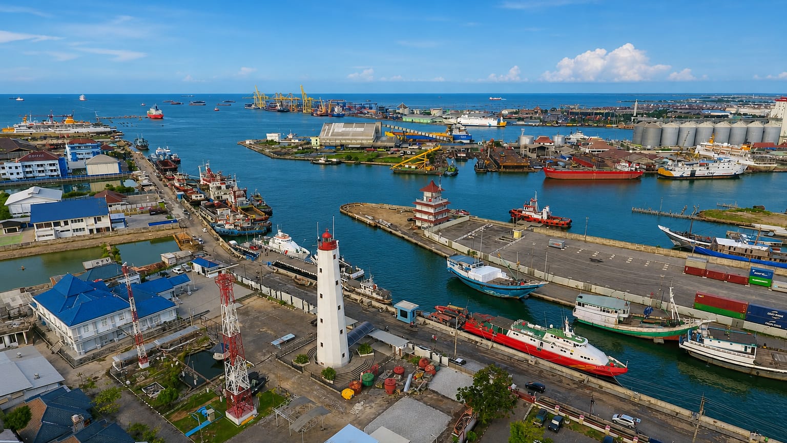 Semarang's Tanjung Emas port with a white lighthouse, moored ships, cranes and grain silos along the waterfront.