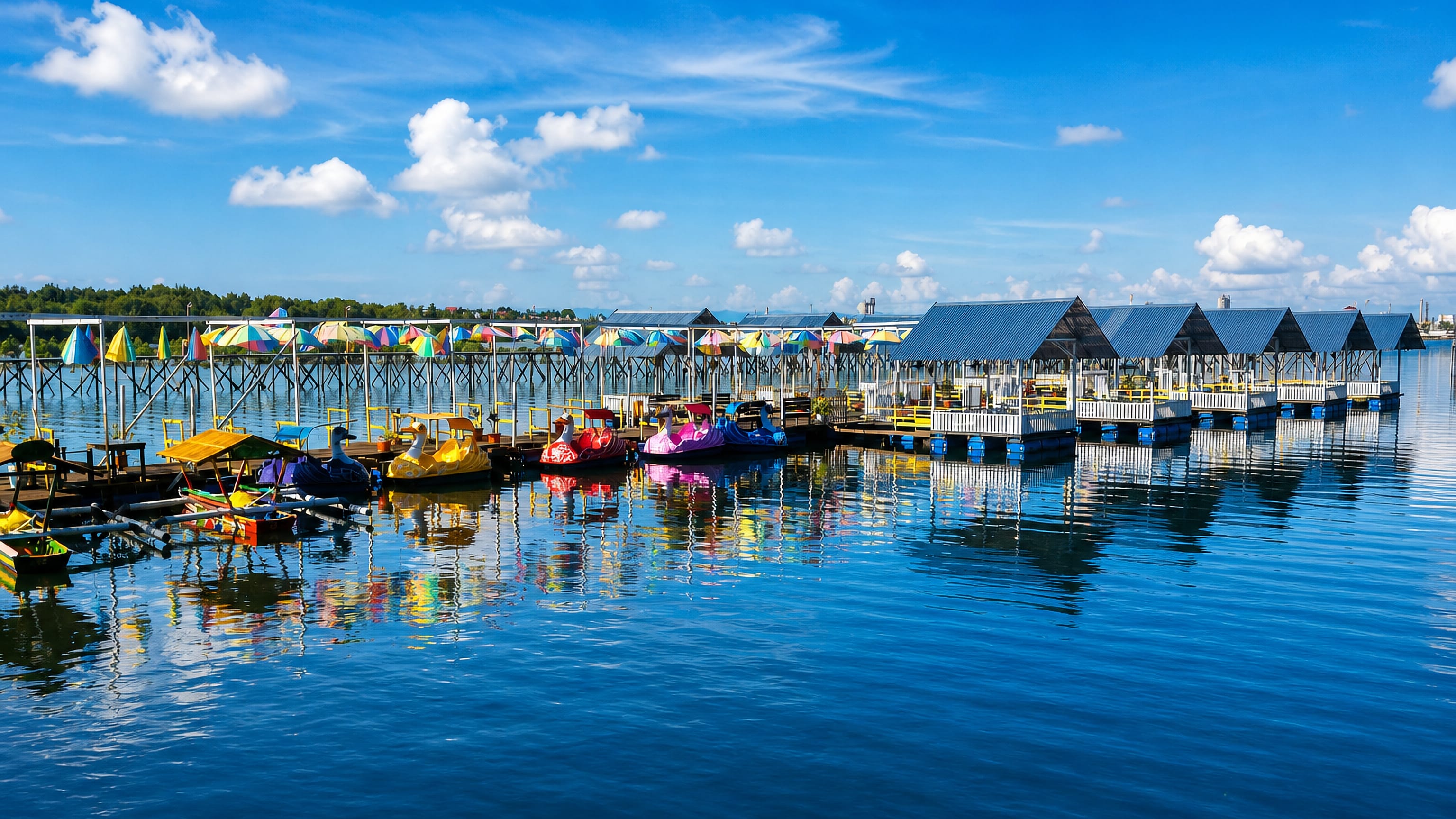 Colourful pedal boats and stilt gazebos on calm water at a waterfront recreation area in Bontang, Indonesia.