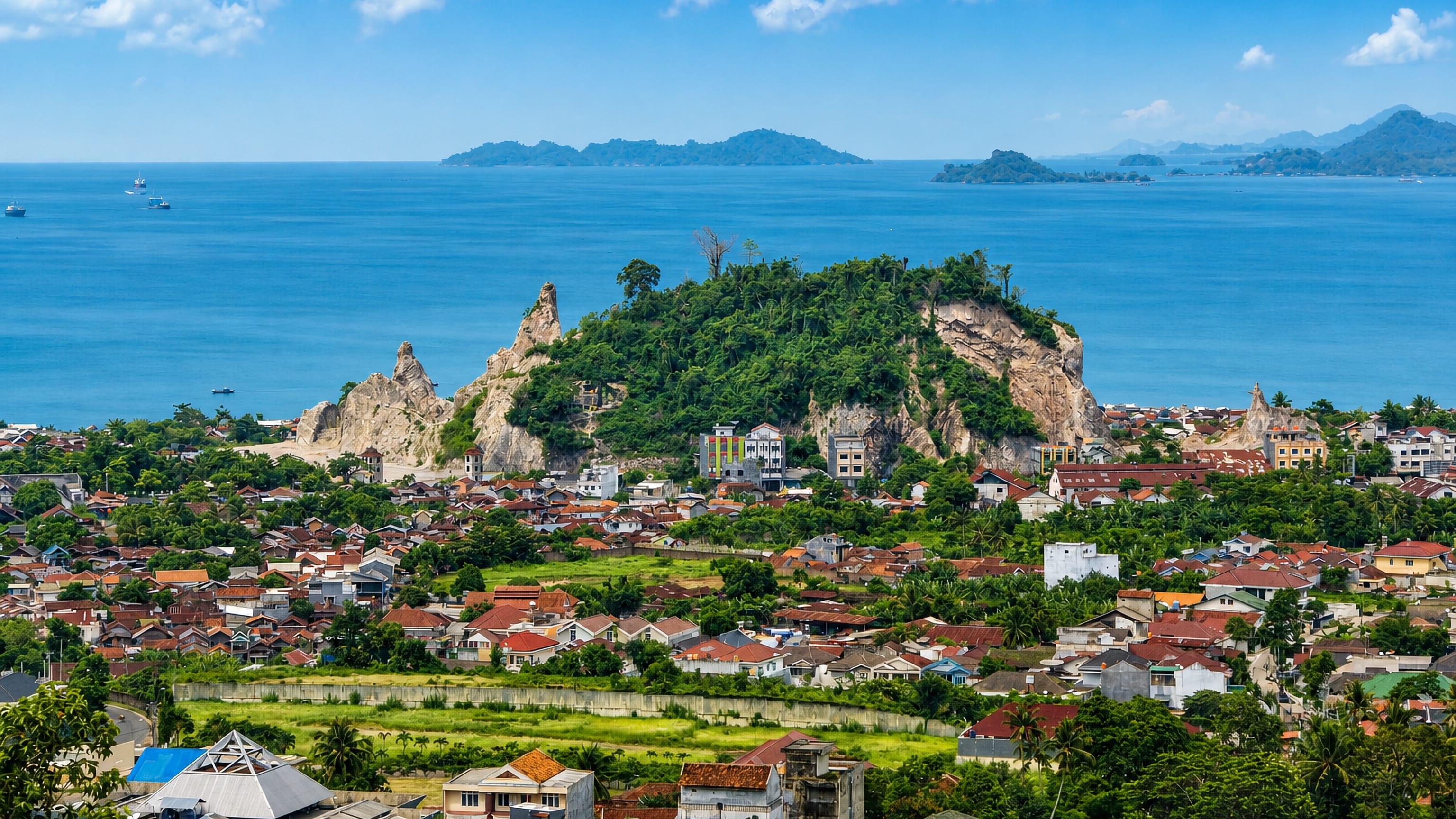 Hillside houses and a rocky green headland above Lampung Bay and its islands in Bandar Lampung, Indonesia.