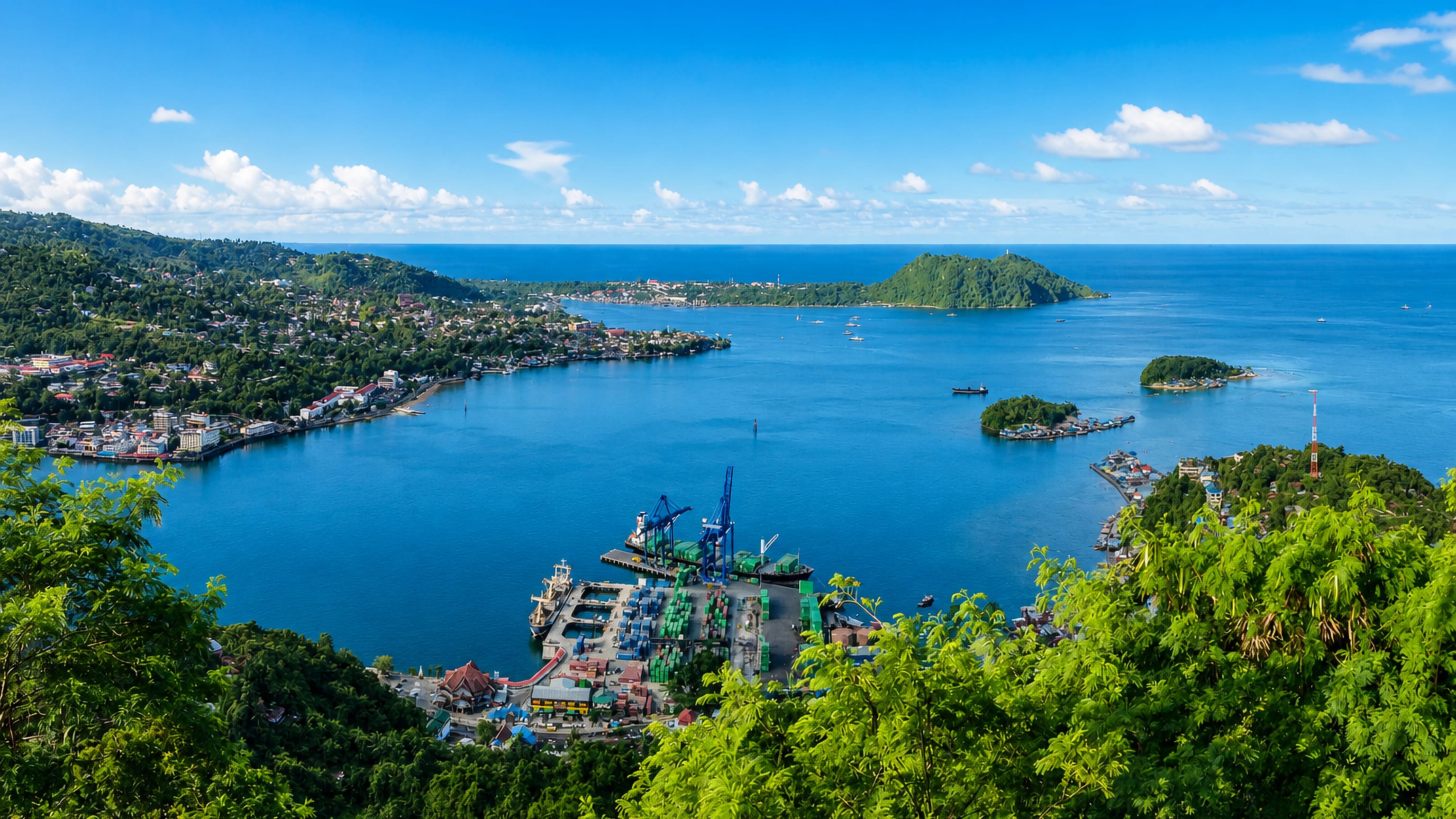 Jayapura's container port and hillside neighbourhoods around Yos Sudarso Bay, seen from forested hills above the city.
