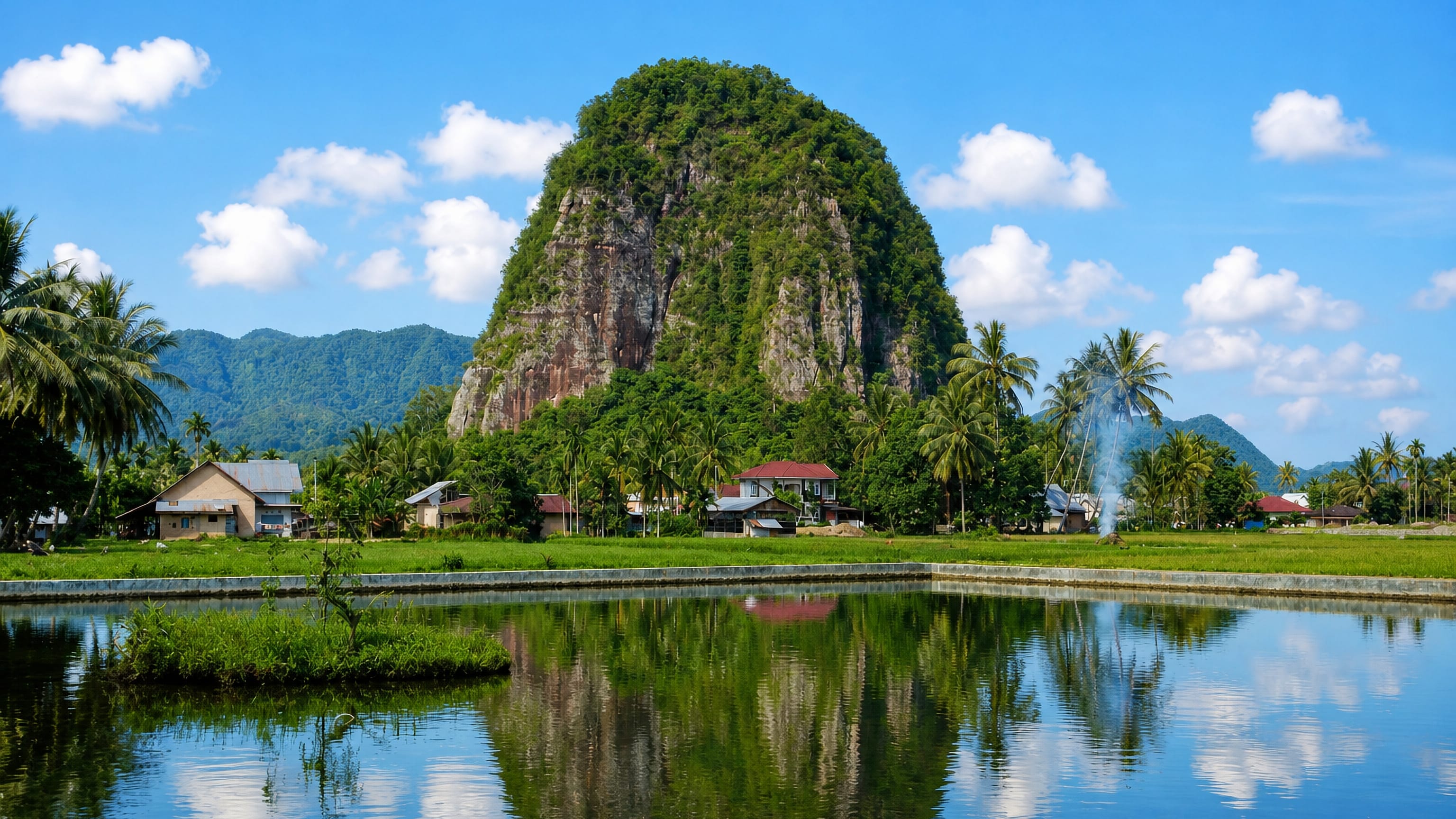 Limestone karst tower rising over palms, houses and flooded rice paddies near Payakumbuh, West Sumatra.