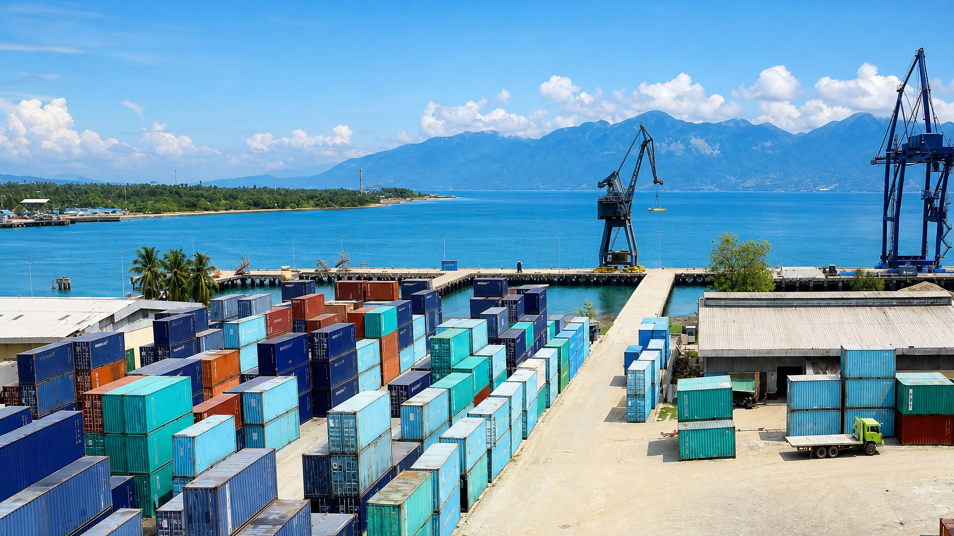 Container port on Palu Bay, Indonesia, stacked containers and cranes below Central Sulawesi's mountains.