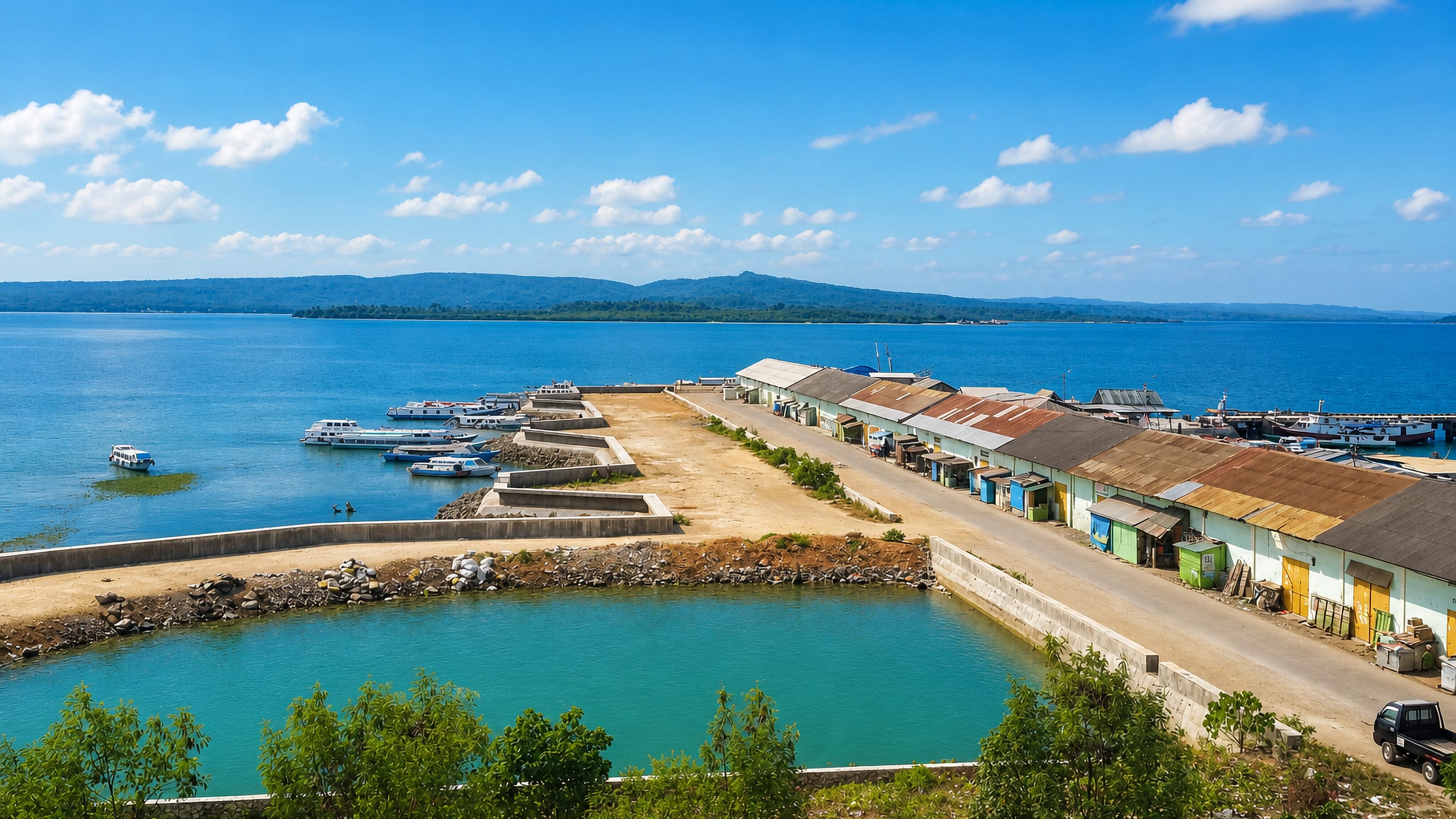 Warehouse-lined pier and moored boats on a turquoise bay at the port of Baubau, Southeast Sulawesi.