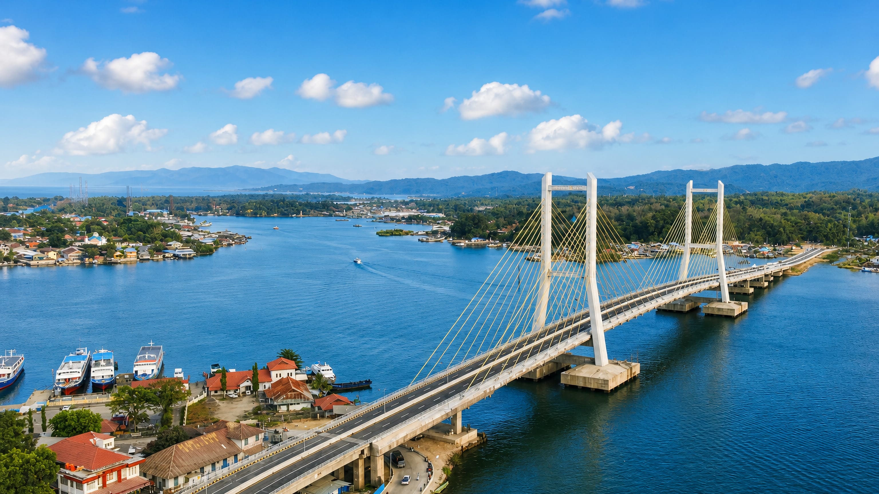 Cable-stayed bridge spanning Kendari Bay with the Indonesian city's waterfront and green hills behind.