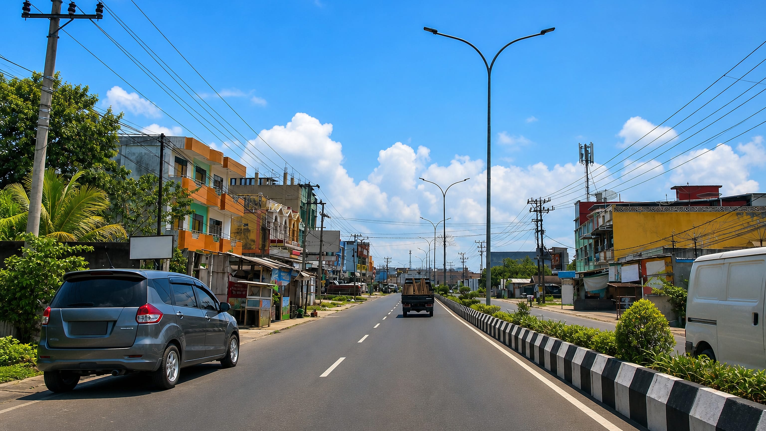 Traffic on a divided main road past colourful shophouses in Lubuklinggau, South Sumatra.