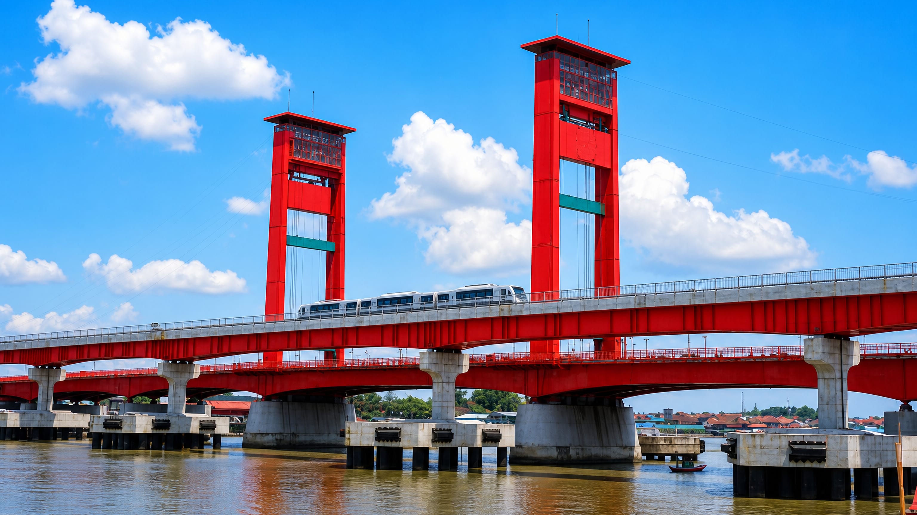 The red Ampera Bridge spanning the Musi River in Palembang, with a light-rail train crossing the elevated viaduct.