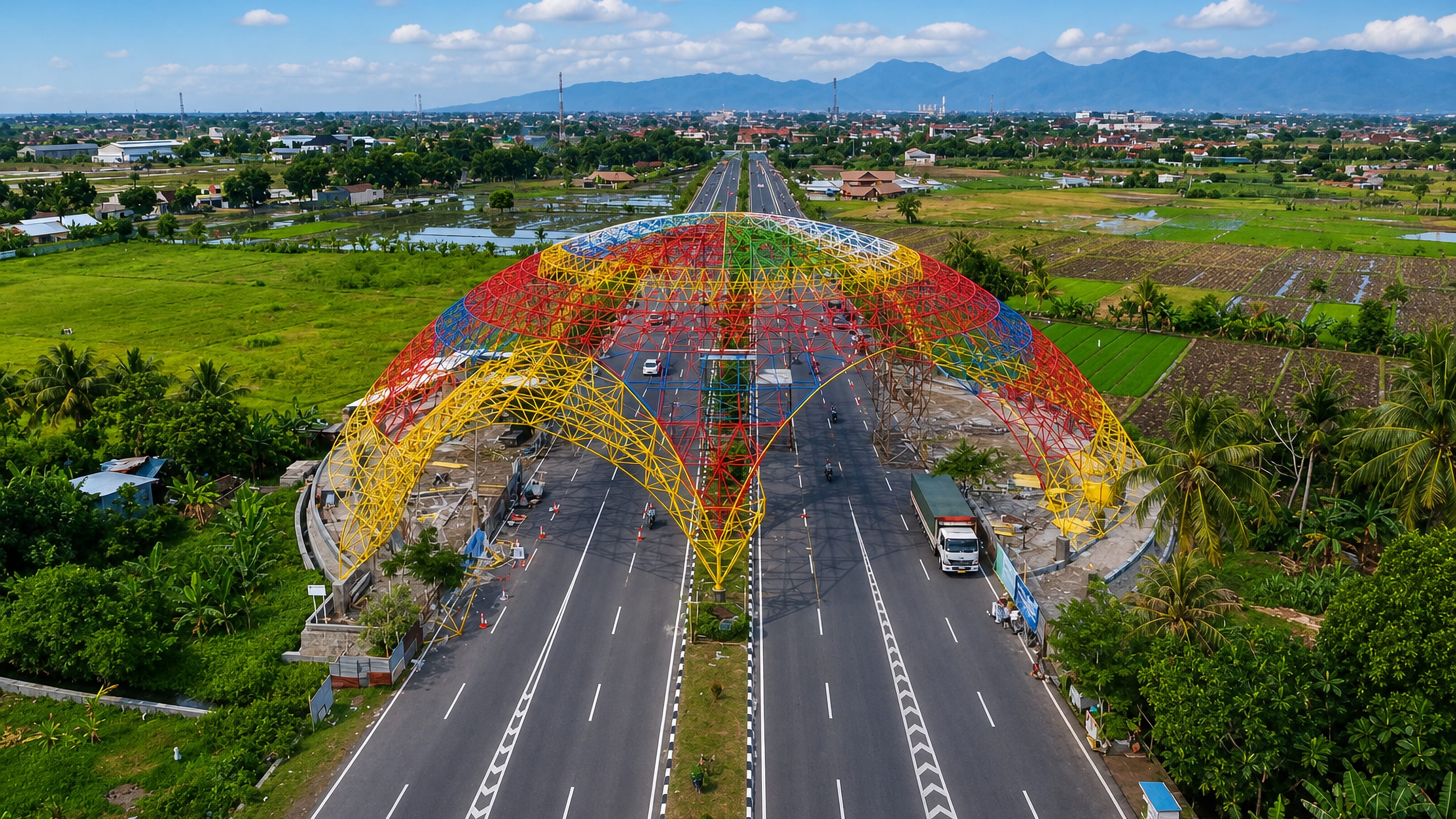 A brightly coloured steel gateway arch over the highway into Mataram, with rice fields and hills.