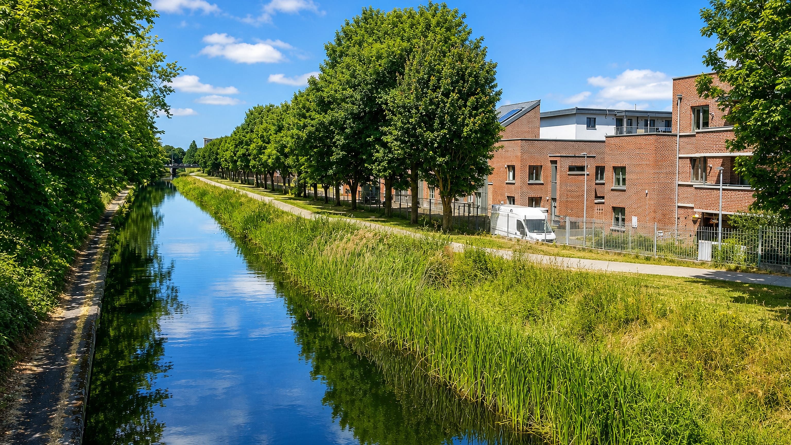 A tree-lined canal running past modern brick apartments on the edge of Dublin.