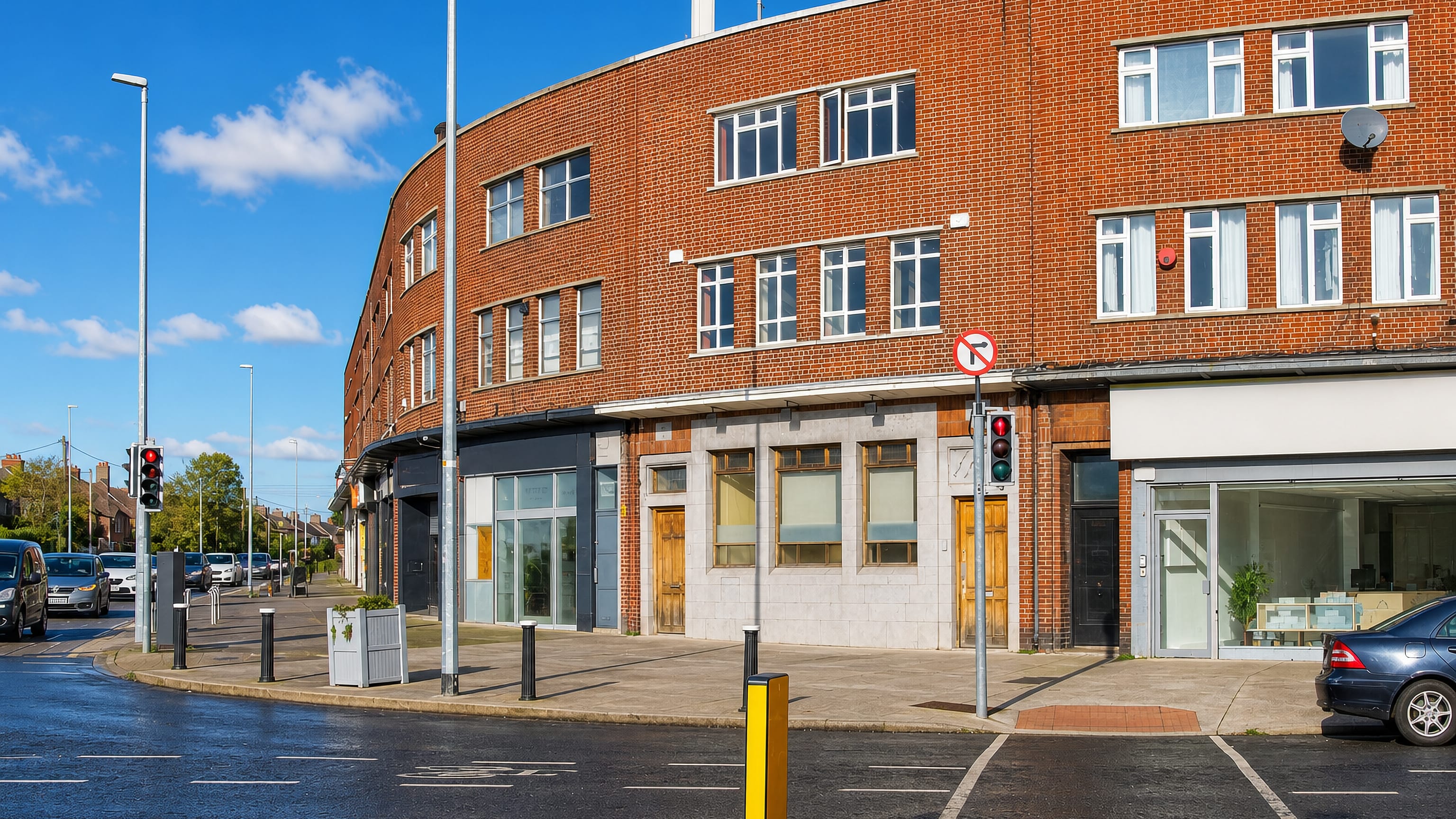 Curved 1930s red-brick shopping parade at a crossroads in Kimmage, Dublin, on a sunny day