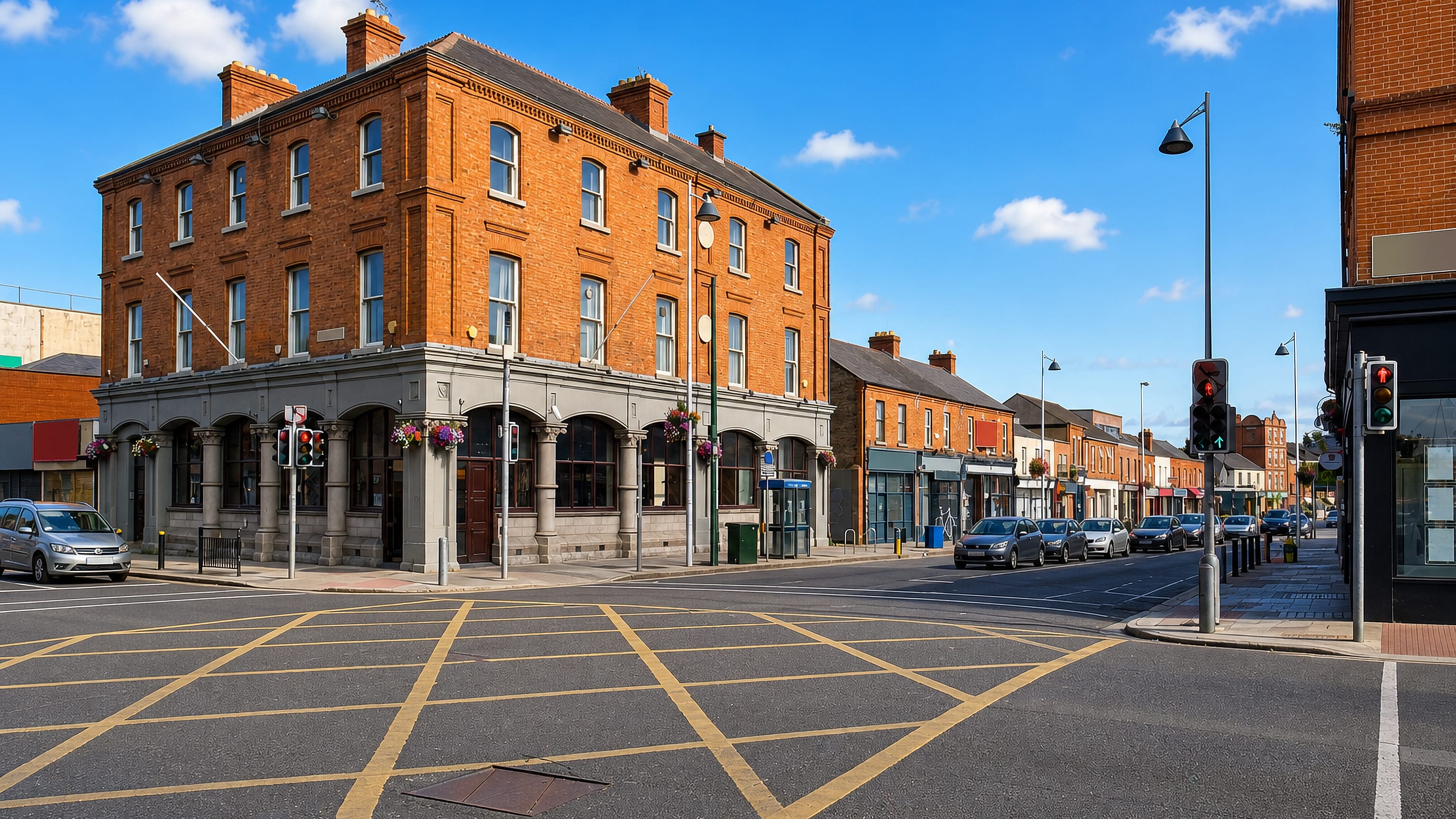 Red-brick Victorian corner pub and terraced shopfronts at a sunlit road junction in Phibsborough, Dublin.