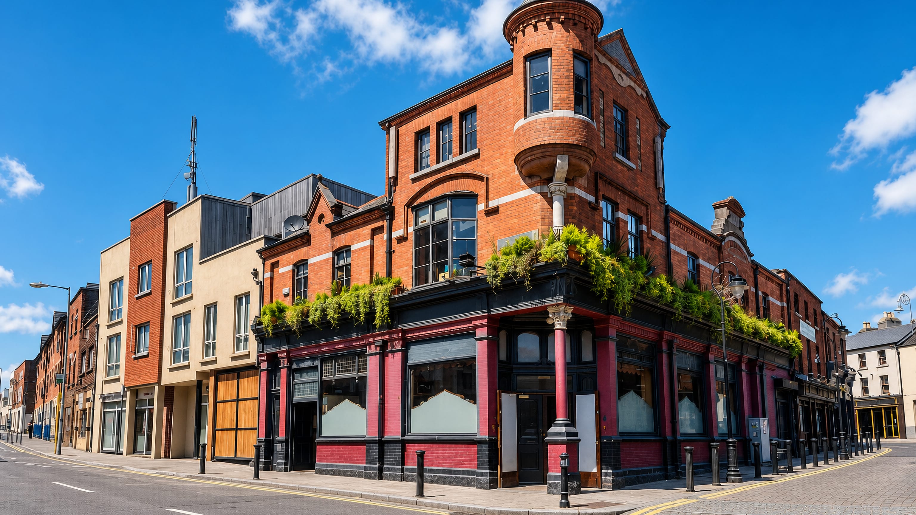 Red-brick Victorian corner pub with a turret on a sunlit Stoneybatter street in Dublin under a blue sky