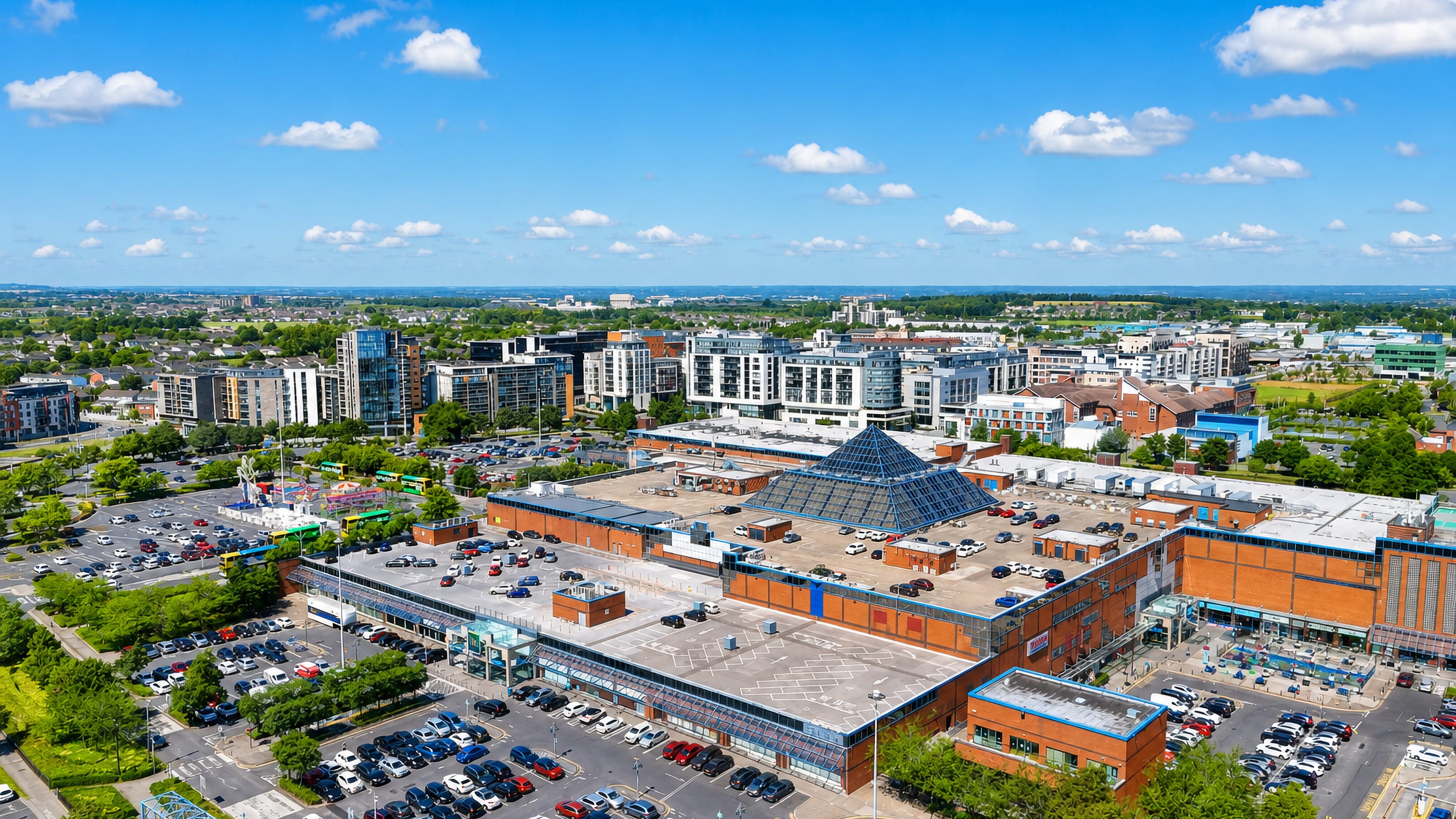 Aerial view of the glass-pyramid shopping centre and apartment blocks in Tallaght, Dublin.