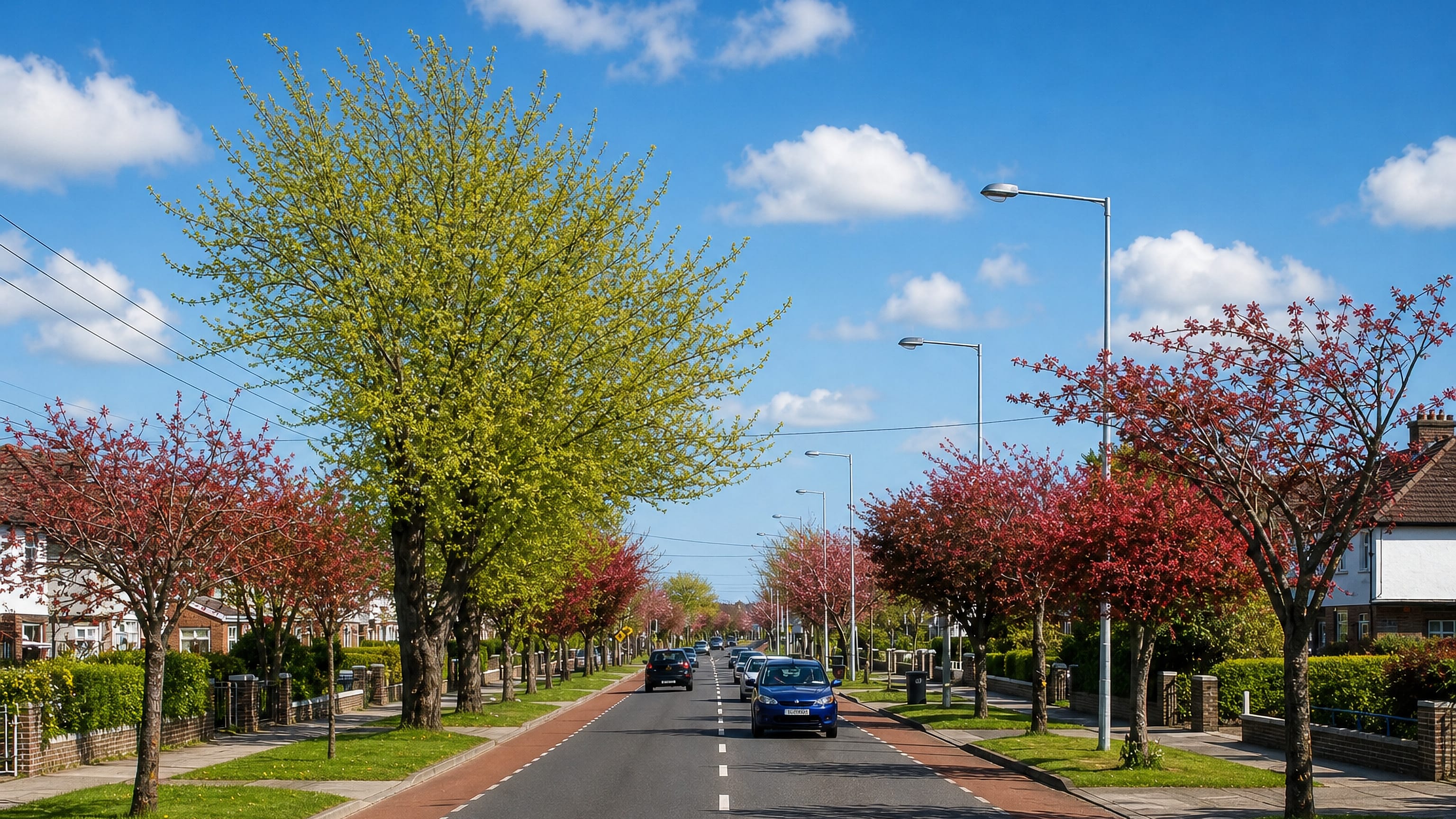 Blossoming trees lining a suburban dual carriageway past semi-detached homes in Templeogue, Dublin