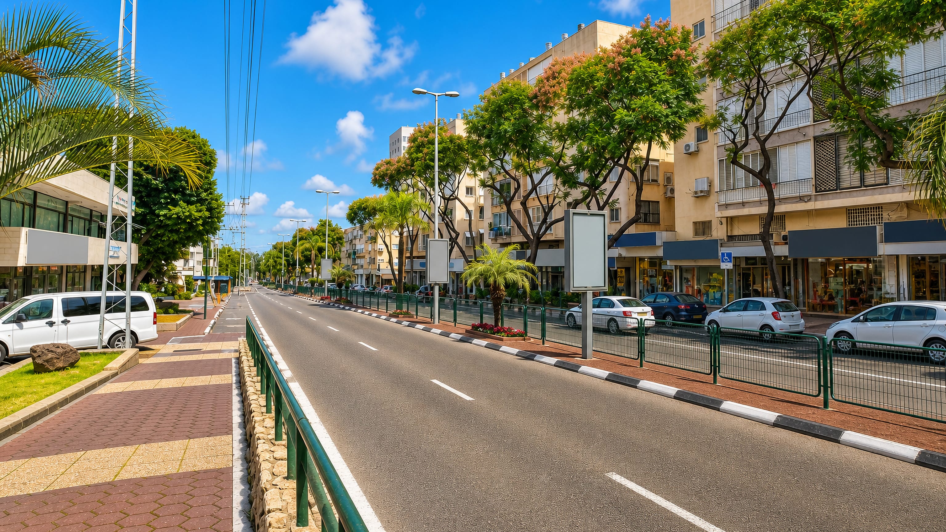 A palm-lined divided boulevard through Kfar Saba, Israel, with apartment blocks and street-level shops.
