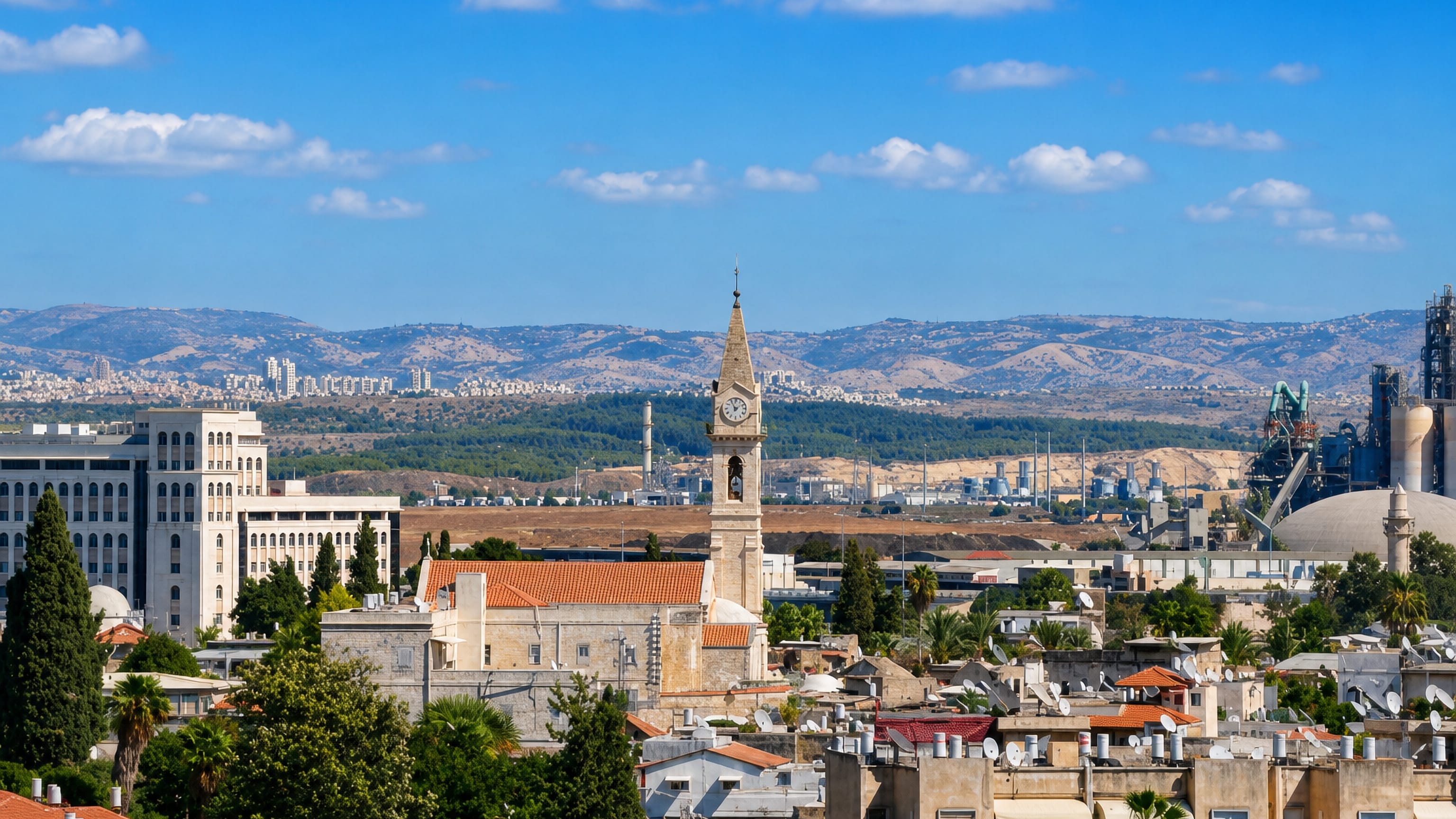 Ramla skyline with the Franciscan church clock tower rising over tiled rooftops, Judean hills beyond