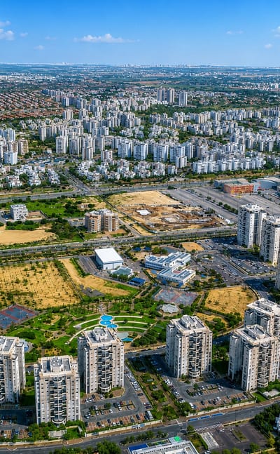 Aerial view of Rishon LeTsiyyon's residential tower clusters, parks and red-roofed neighborhoods.