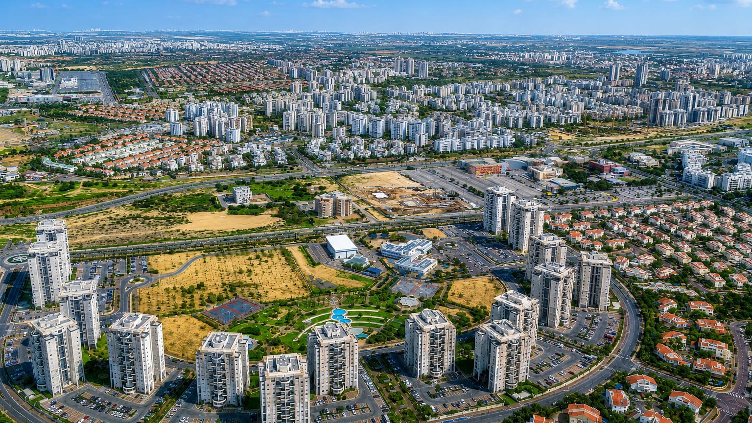 Aerial view of Rishon LeTsiyyon's residential tower clusters, parks and red-roofed neighborhoods.