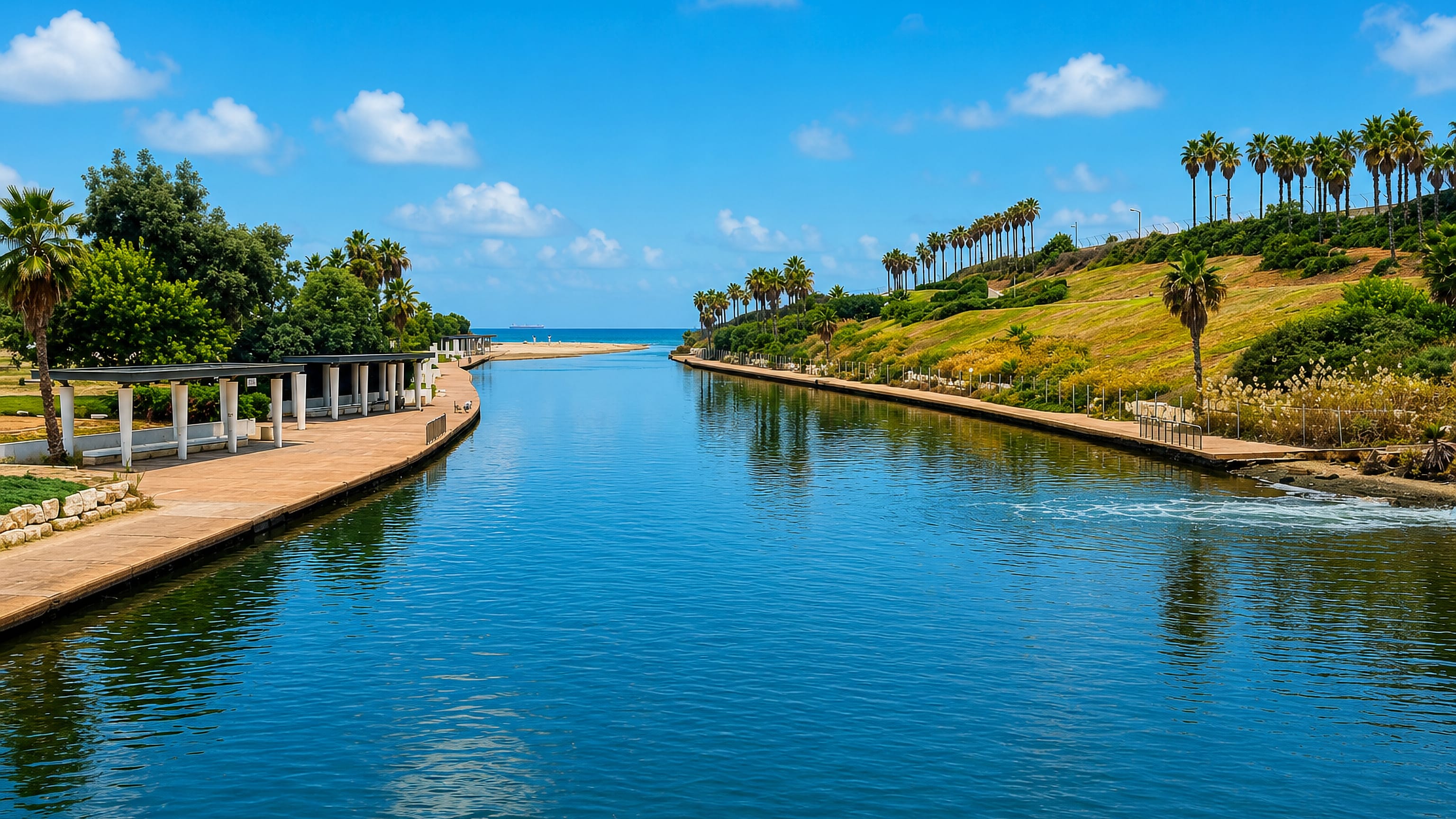 Palm-lined Hadera Stream flowing past a shaded promenade toward the Mediterranean at Hadera, Israel.