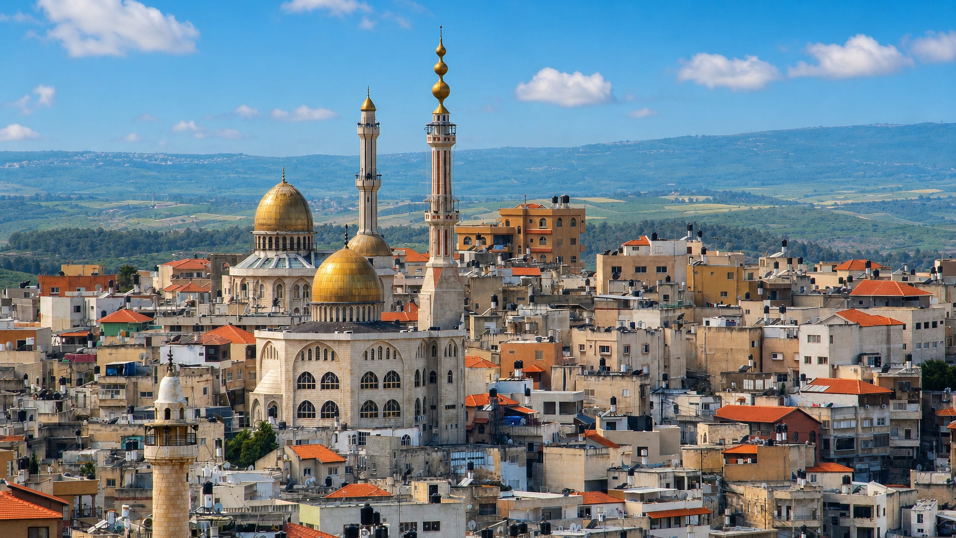 Golden-domed mosque and minarets above the dense hillside houses of Umm el-Fahm, with green Wadi Ara hills beyond.