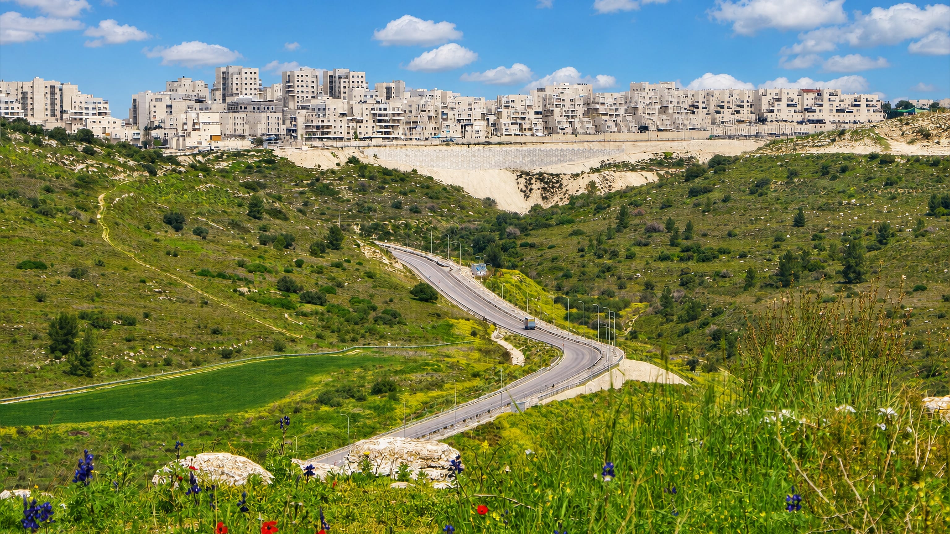 White stone apartment blocks of Bet Shemesh, Israel, crowning green Judean hills above a winding valley road.