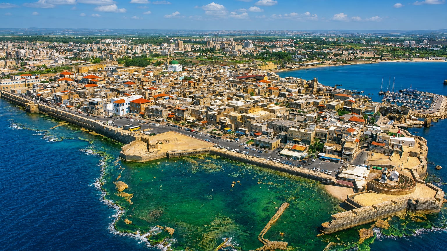 Aerial view of Acre's walled Old City on its peninsula with sea ramparts, harbor and the green-domed Al-Jazzar Mosque.