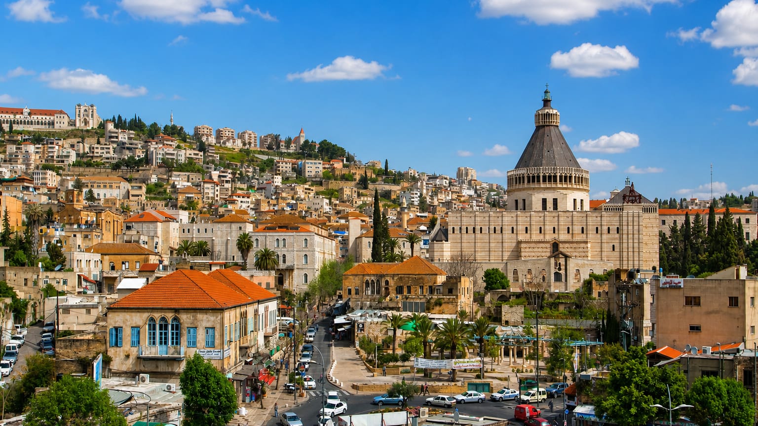Nazareth townscape with the domed Basilica of the Annunciation rising above red-roofed houses under a blue sky