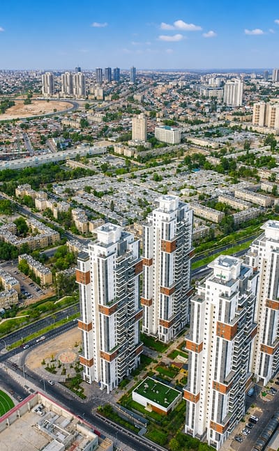 Aerial of Beersheba with its cluster of white residential towers amid desert-edge apartment blocks.