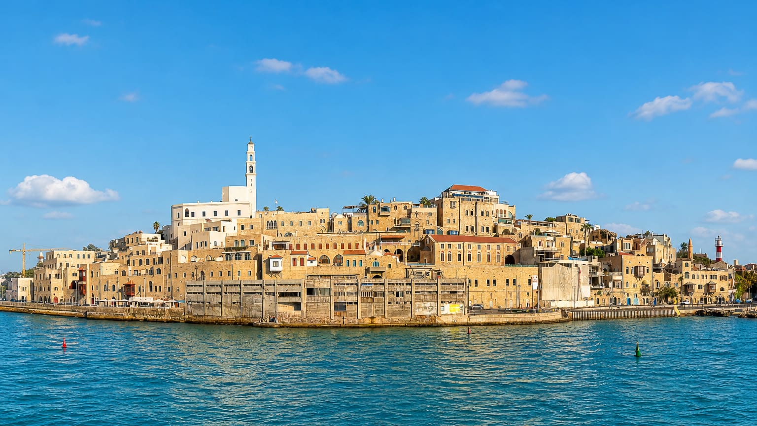 Old Jaffa's stone Old City and St. Peter's Church rising above the Mediterranean waterfront in Tel Aviv.