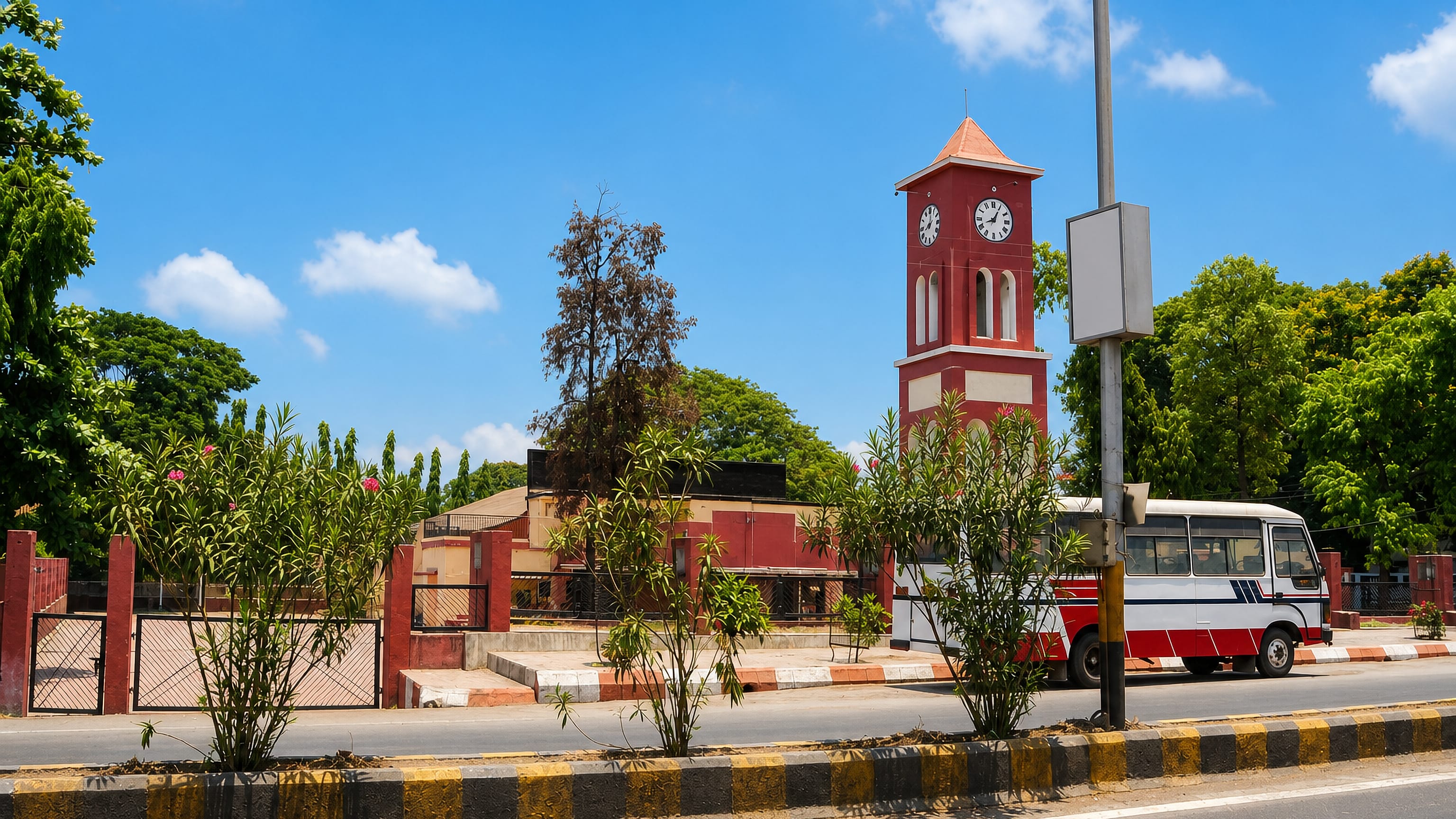 Red brick clock tower beside a divided roadway in Silvassa, Dadra and Nagar Haveli