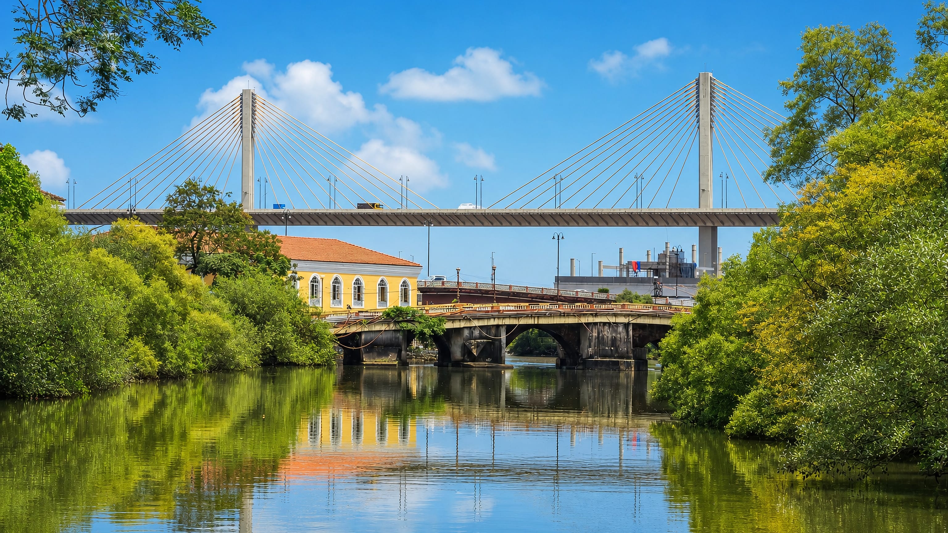 A cable-stayed bridge and an older arched span crossing a green, tree-lined creek in Panjim, Goa.