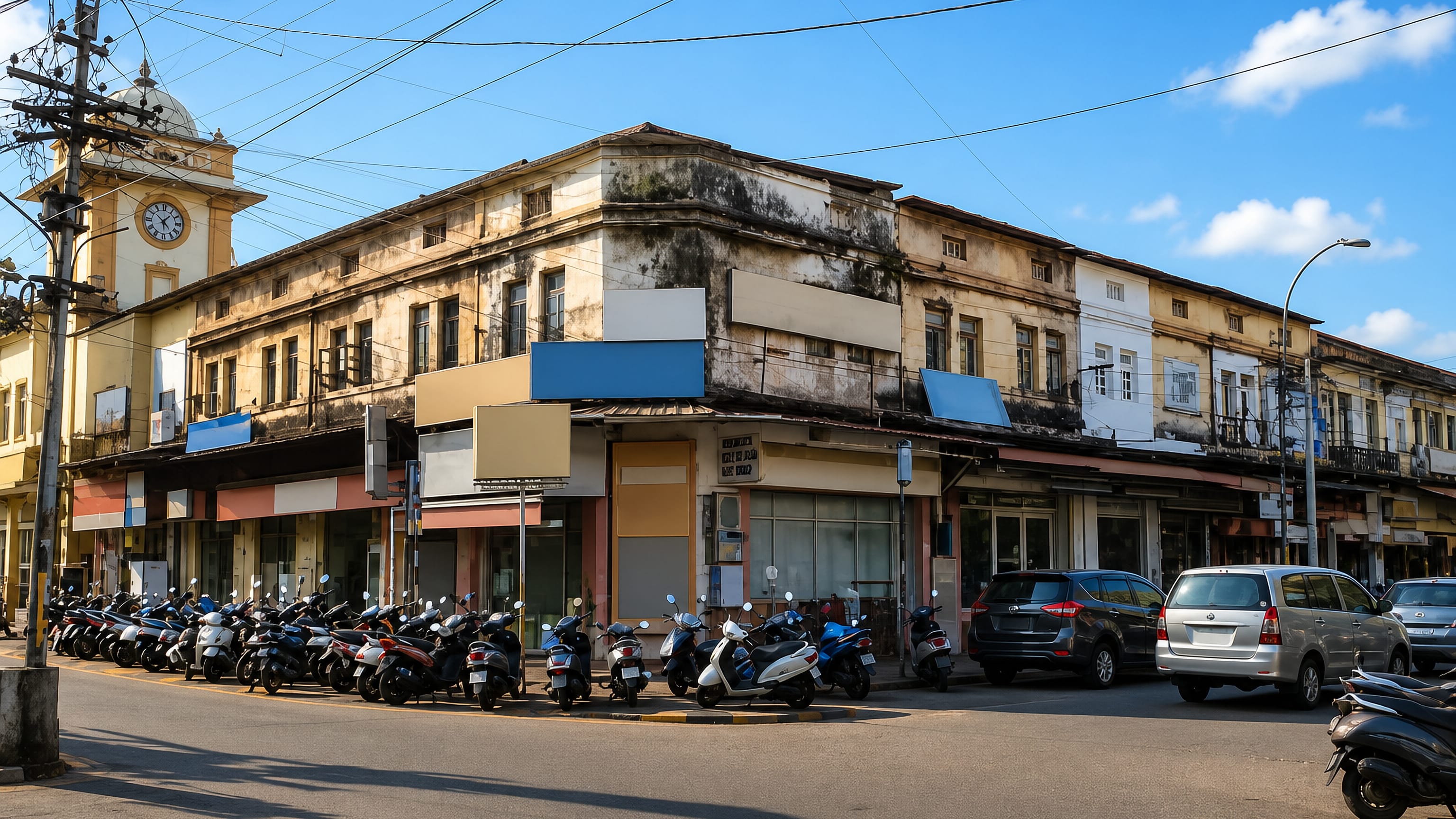 Street corner in Vasco da Gama, Goa, with weathered Indo-Portuguese shophouses, a clock tower and parked scooters.