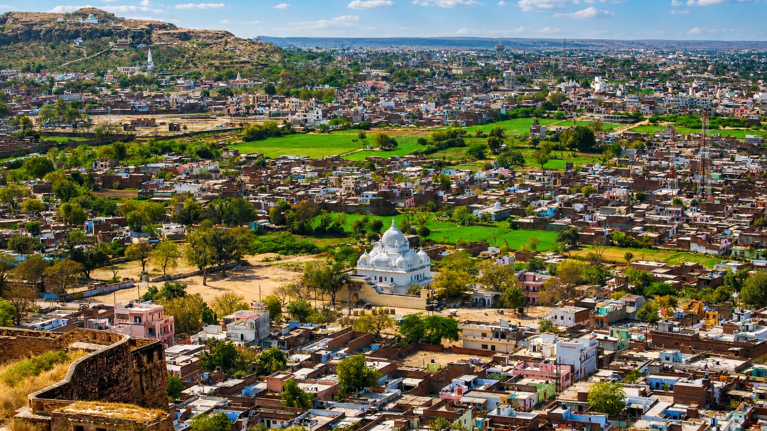 Aerial view over Gwalior's dense rooftops and a white domed shrine below a rocky hilltop fort, Madhya Pradesh.