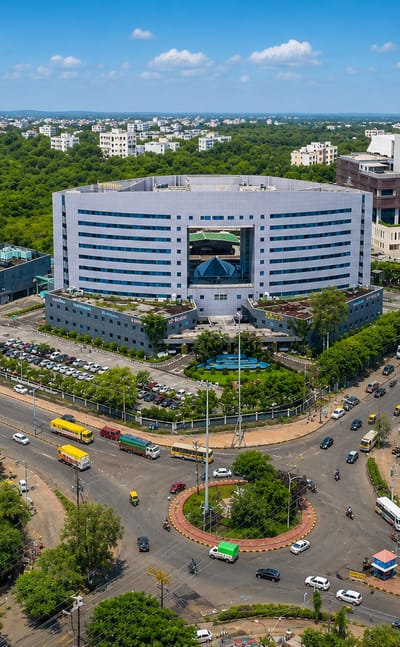 A large curved glass office building beside a busy roundabout amid Indore's green cityscape.
