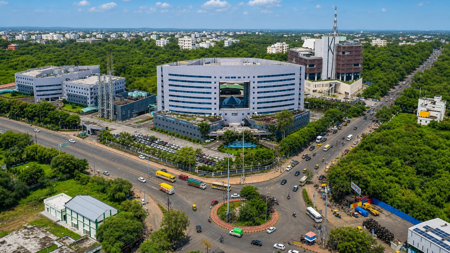 A large curved glass office building beside a busy roundabout amid Indore's green cityscape.