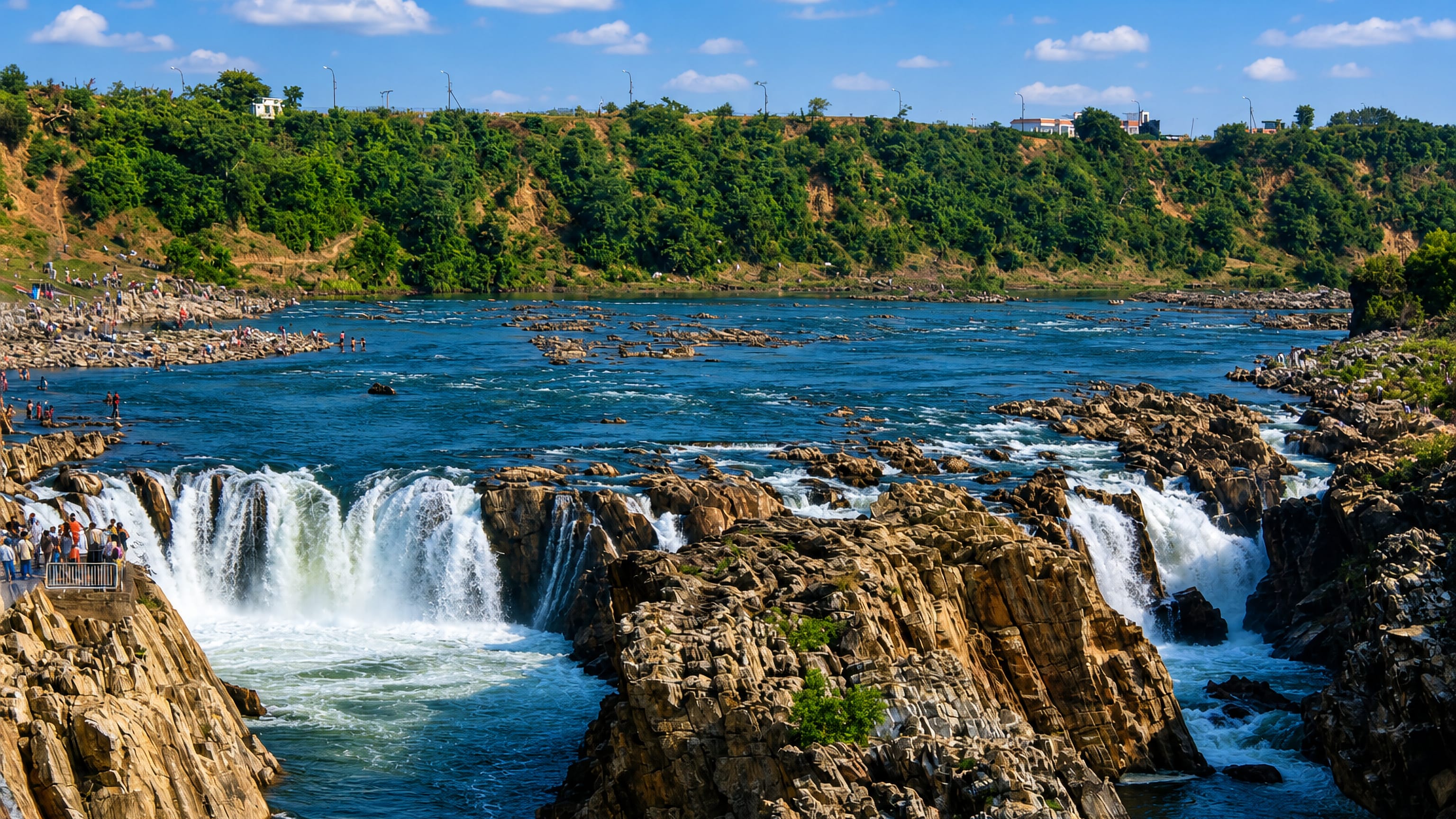 Dhuandhar Falls tumbling over rocky ledges on the Narmada River at Bhedaghat near Jabalpur.