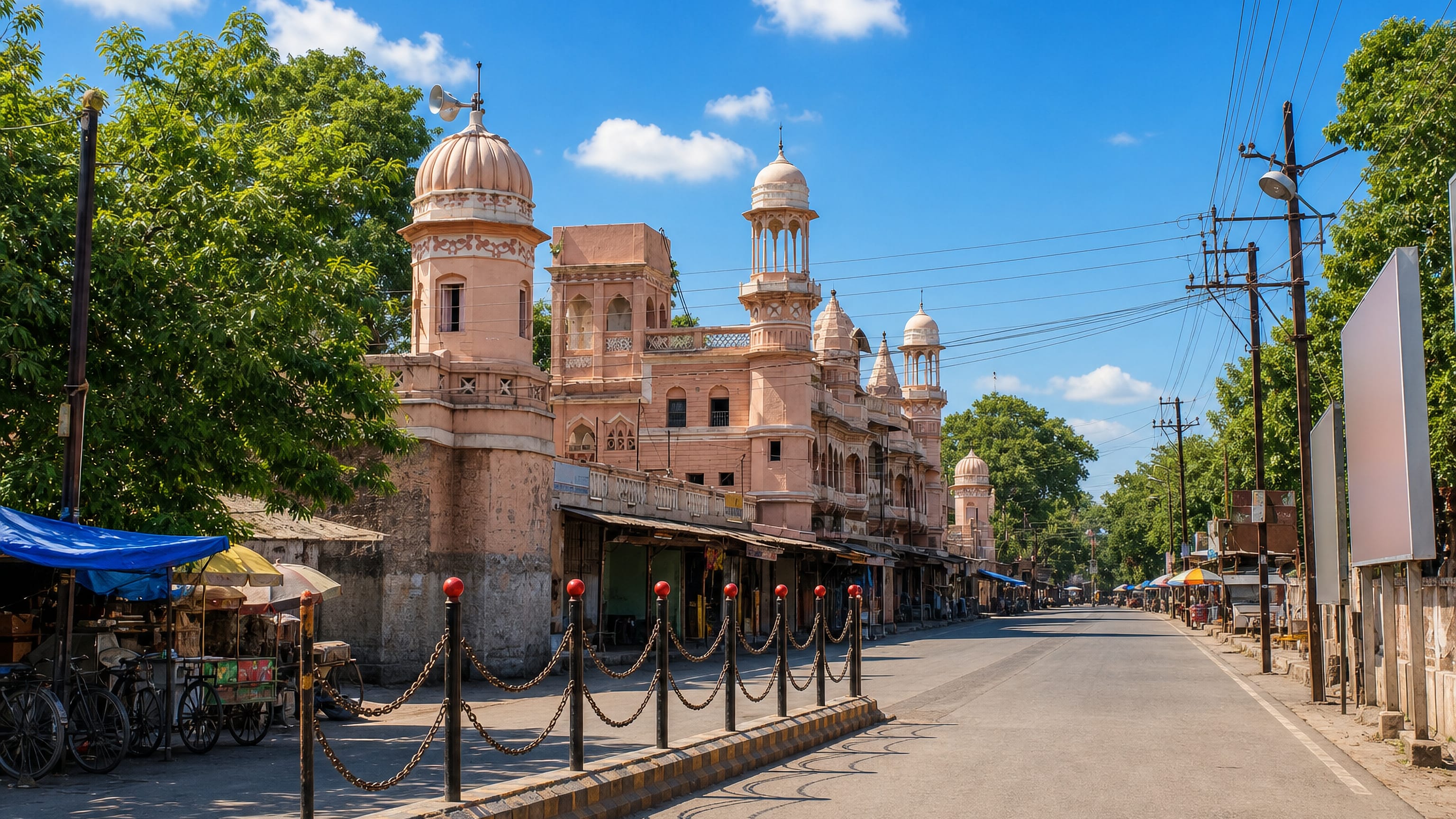 A pink heritage building with domed turrets beside the main bazaar street in Khandwa, Madhya Pradesh.