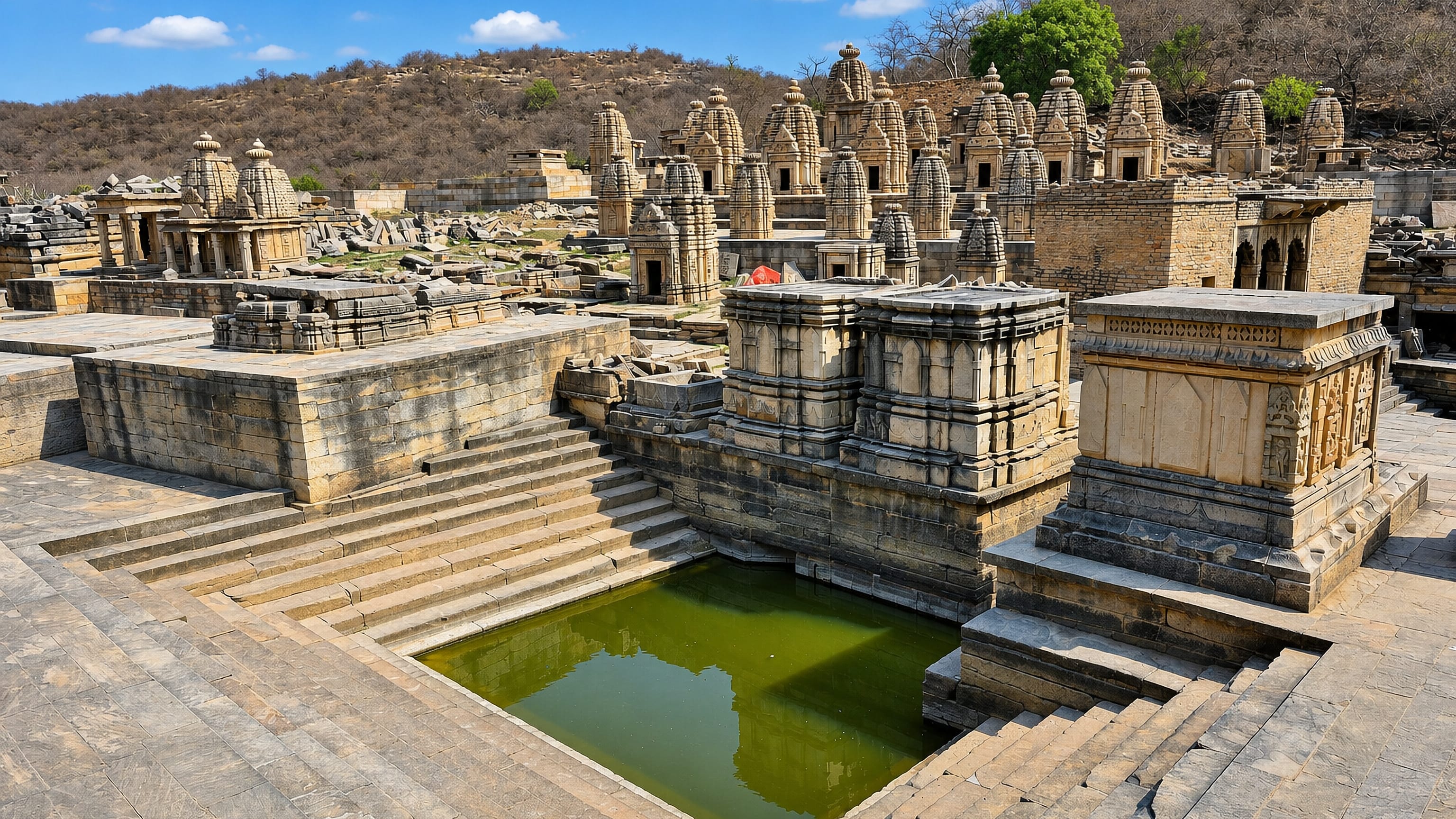 Sandstone temples and a stepped tank at the Bateshwar complex near Morena, Madhya Pradesh.
