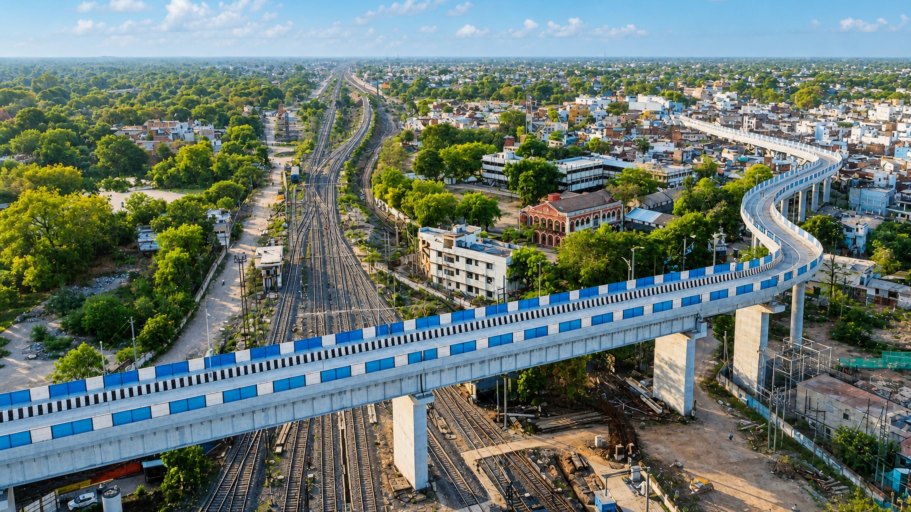 Aerial view of Murwara (Katni), Madhya Pradesh, with a curving flyover crossing the railway junction yards.