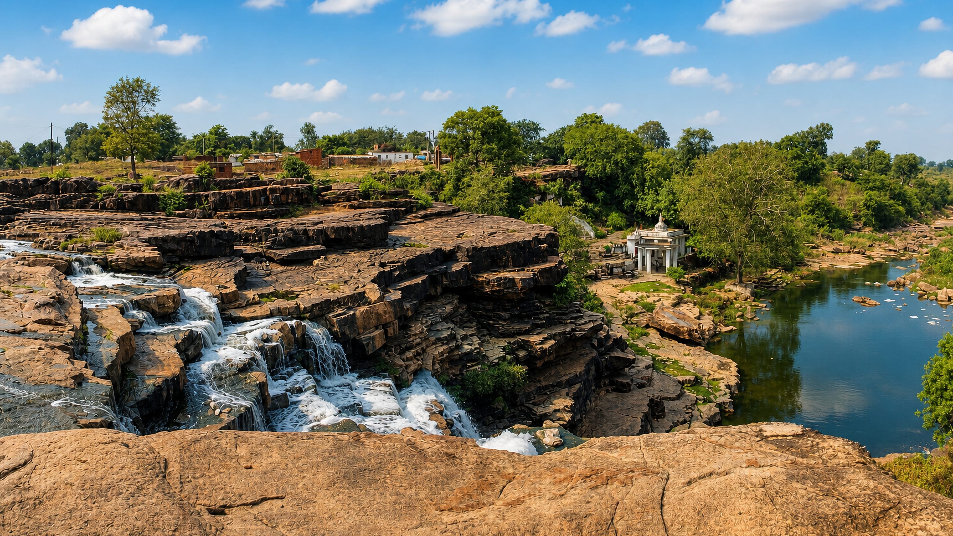 A stepped river waterfall and white domed shrine on the rocky outskirts of Panna, Madhya Pradesh.
