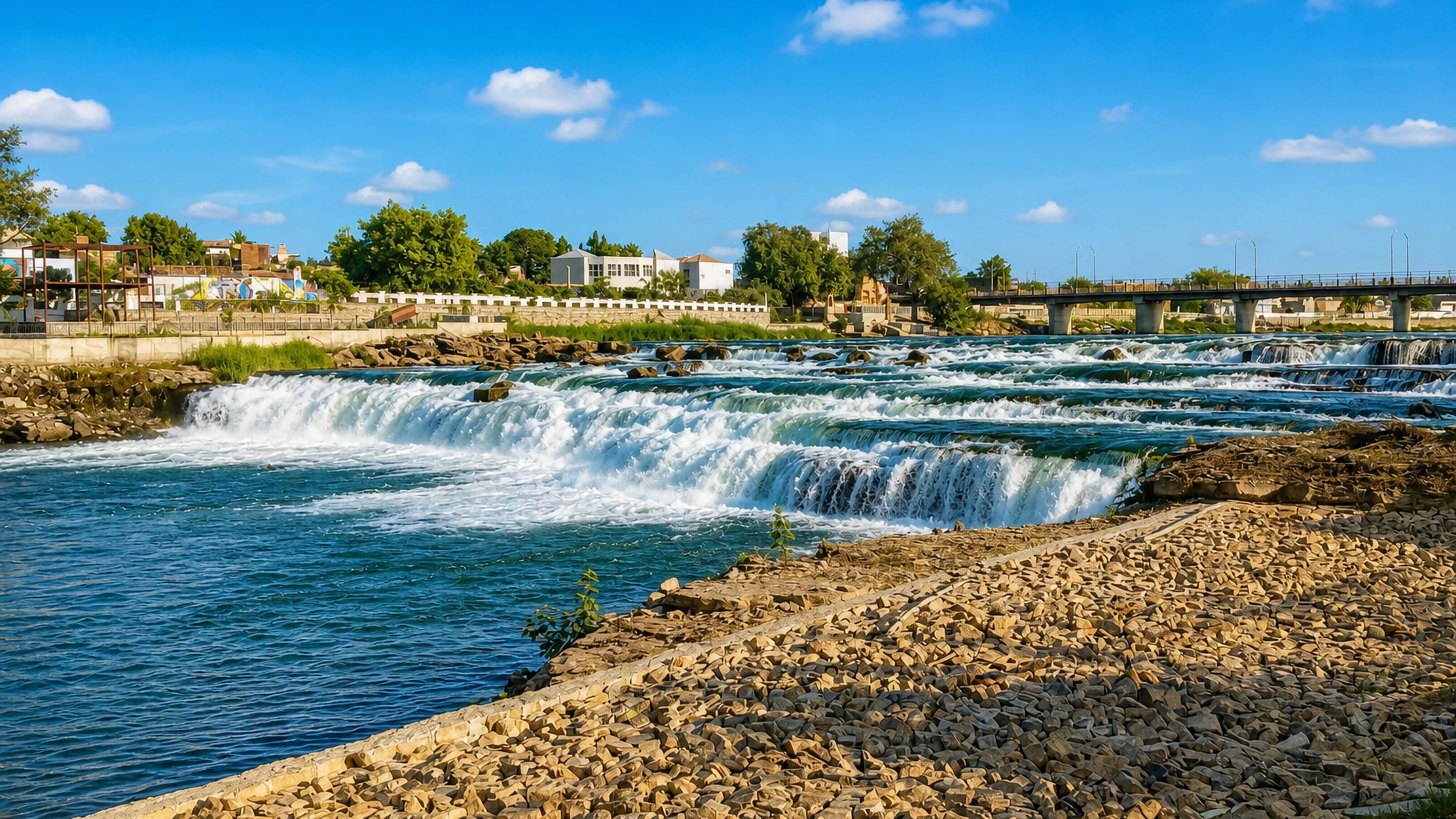 River weir and rapids below a low skyline and road bridge at Rewa, Madhya Pradesh