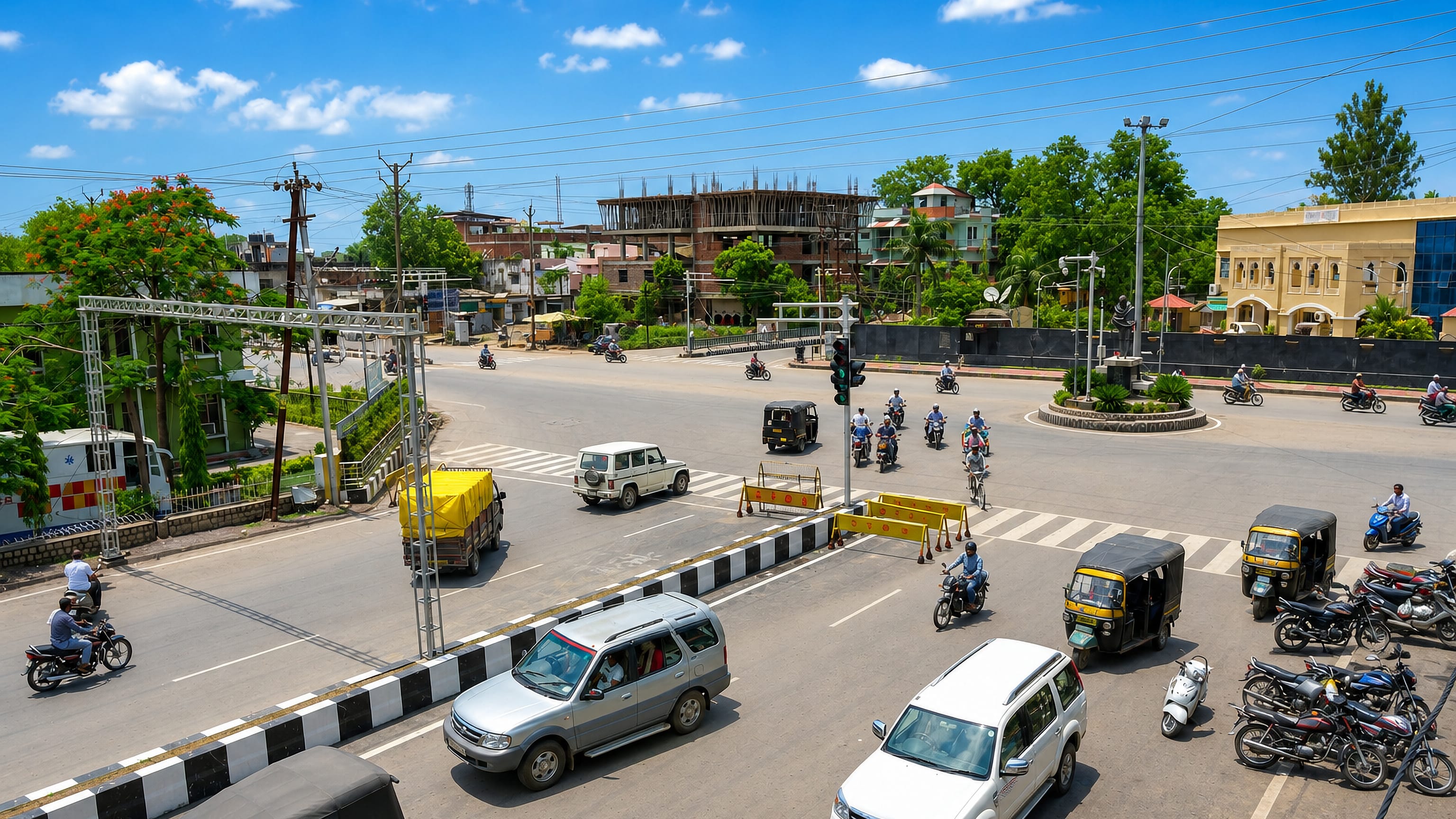 Busy road junction in Satna, India, with auto-rickshaws, motorbikes and cars under a bright sky.