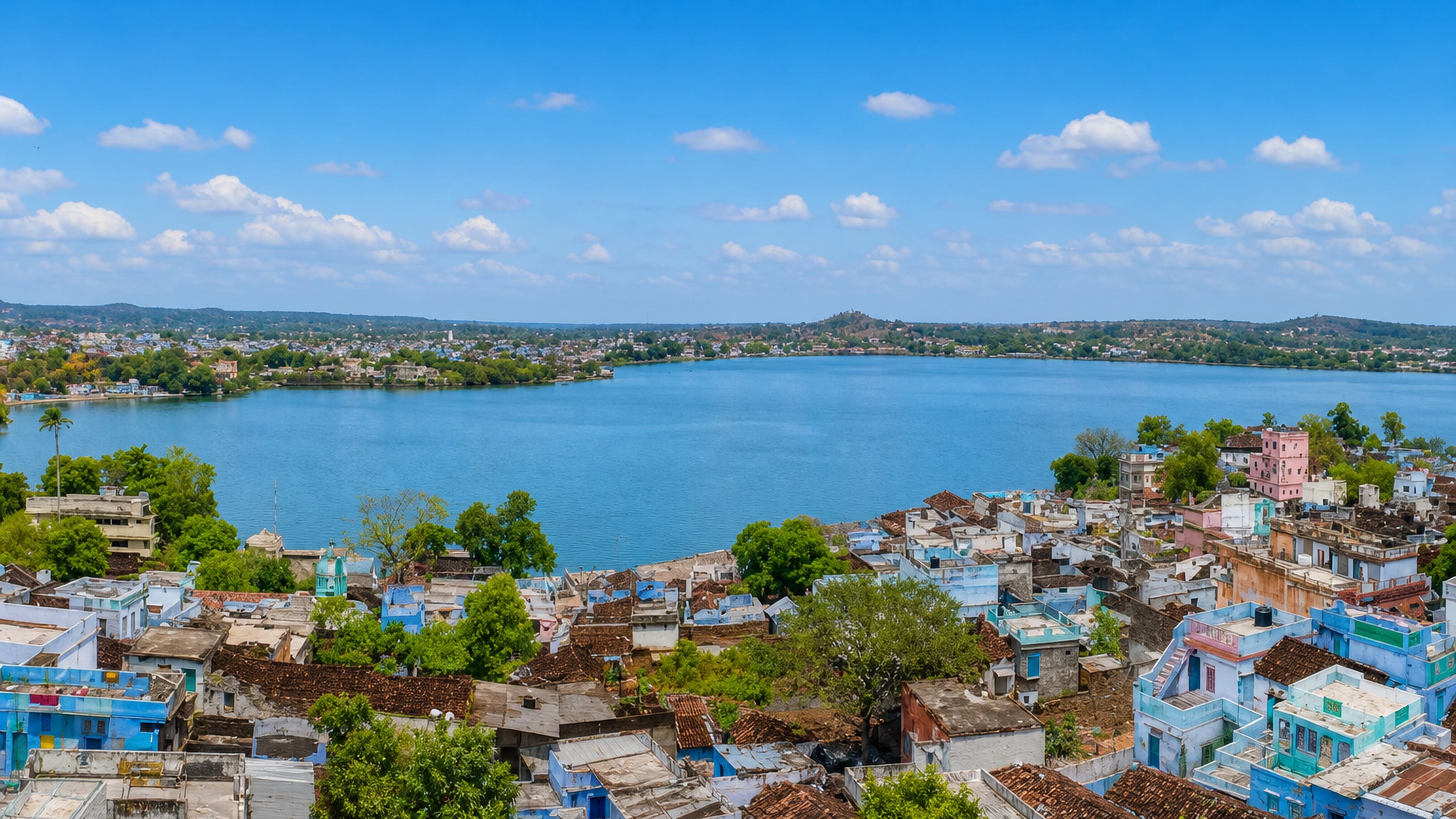 Blue-washed houses of Saugor (Sagar), Madhya Pradesh, crowding the shore of its large central lake.
